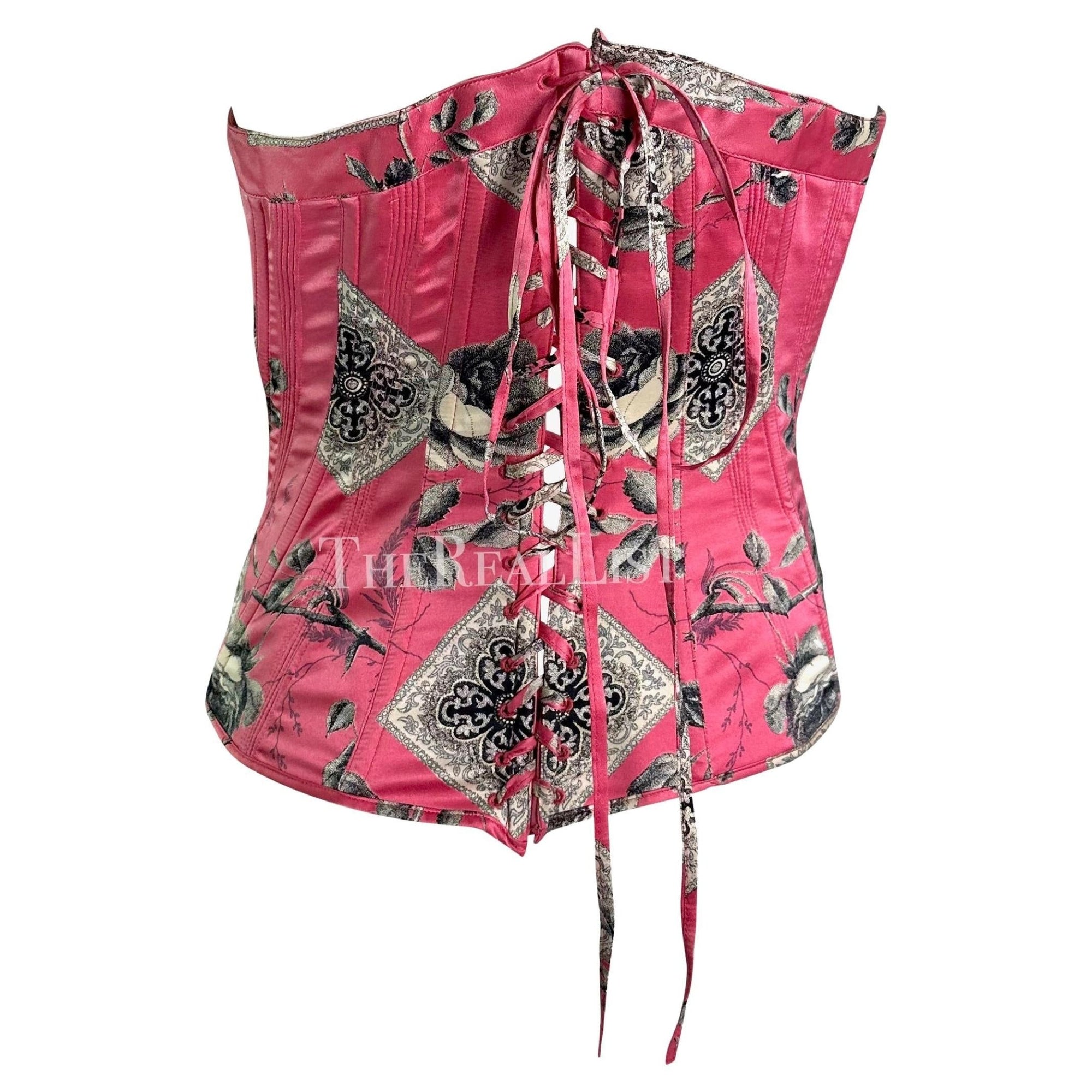 2004 Roberto Cavalli Pink Floral Quilted Silk Lace - Up Corset Bustier Top - RealList