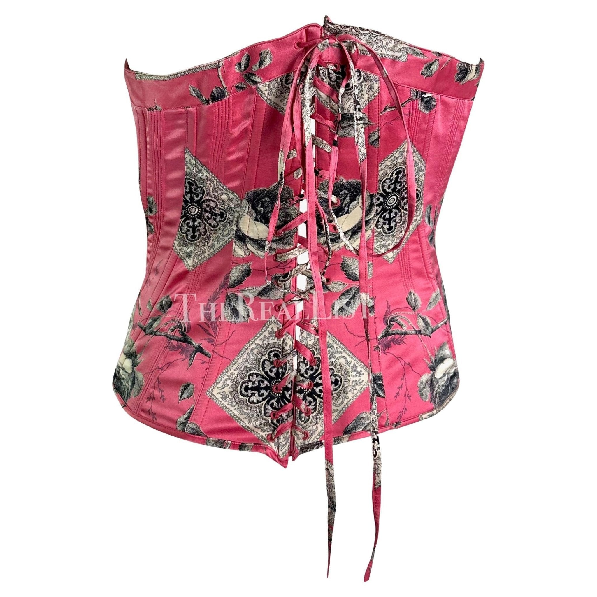 2004 Roberto Cavalli Pink Floral Quilted Silk Lace - Up Corset Bustier Top - RealList