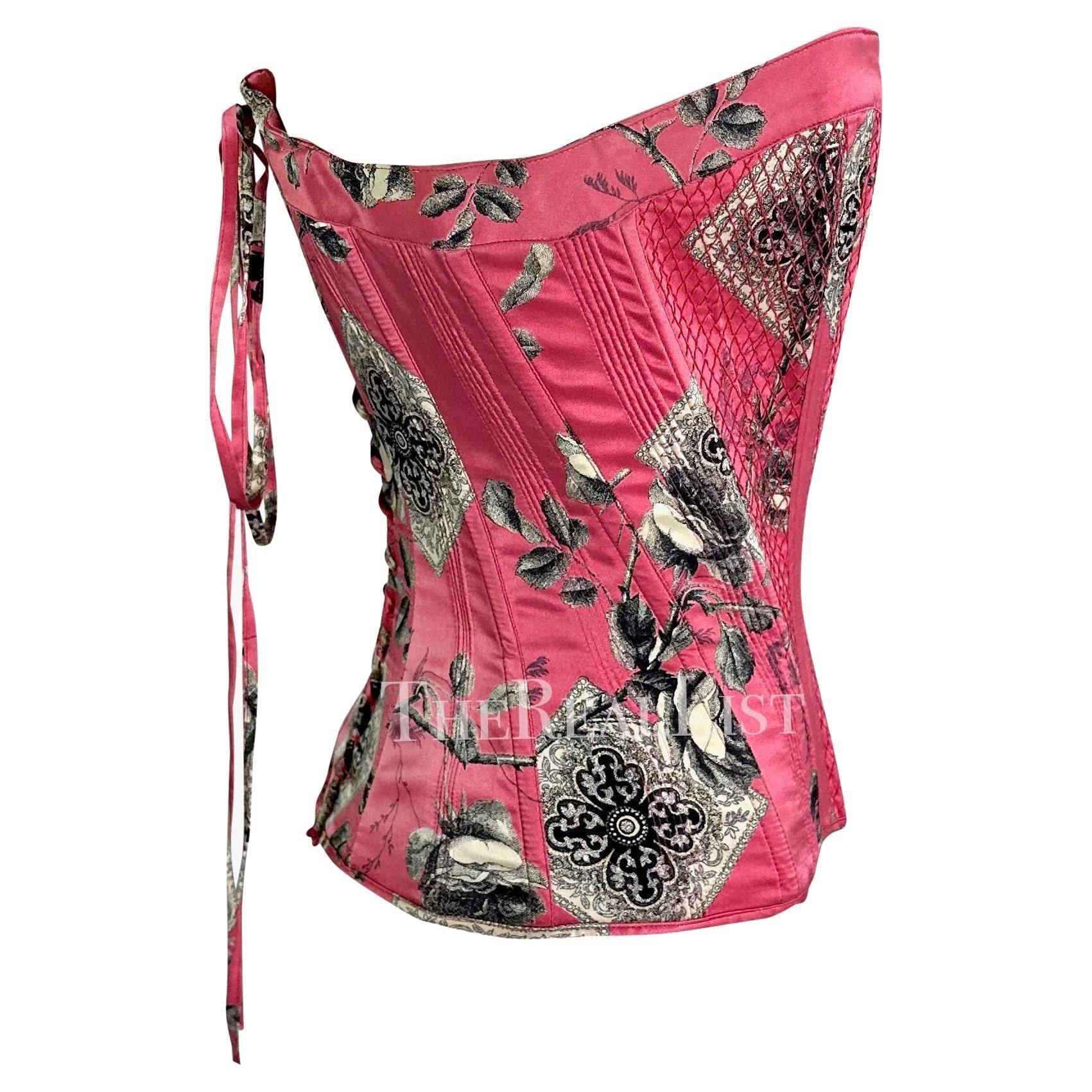 2004 Roberto Cavalli Pink Floral Quilted Silk Lace - Up Corset Bustier Top - RealList