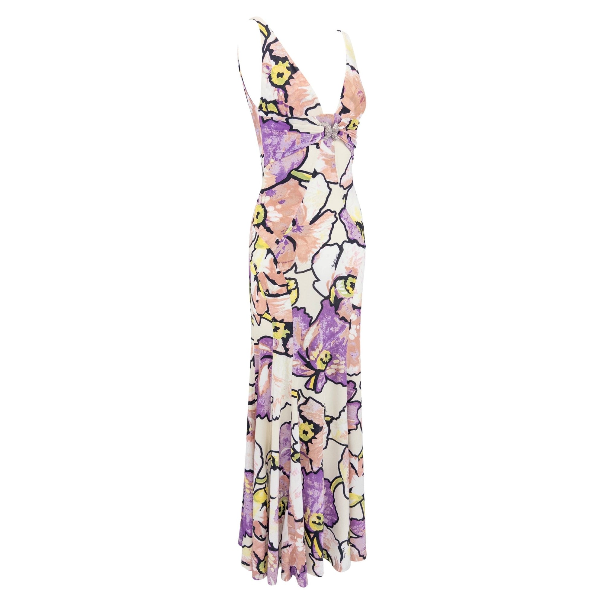 2005 Roberto Cavalli White Stretch Purple Floral Serpent Maxi Dress - RealList