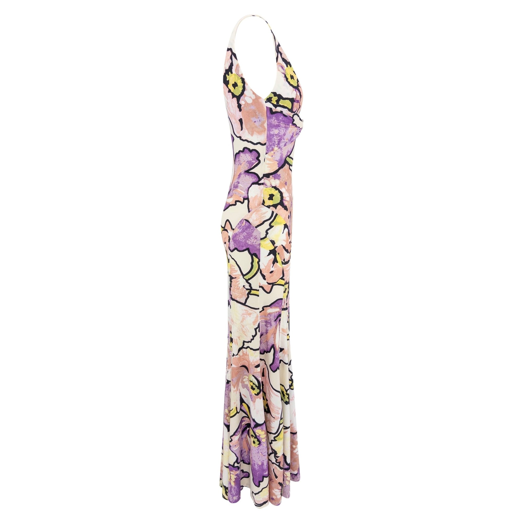 2005 Roberto Cavalli White Stretch Purple Floral Serpent Maxi Dress - RealList