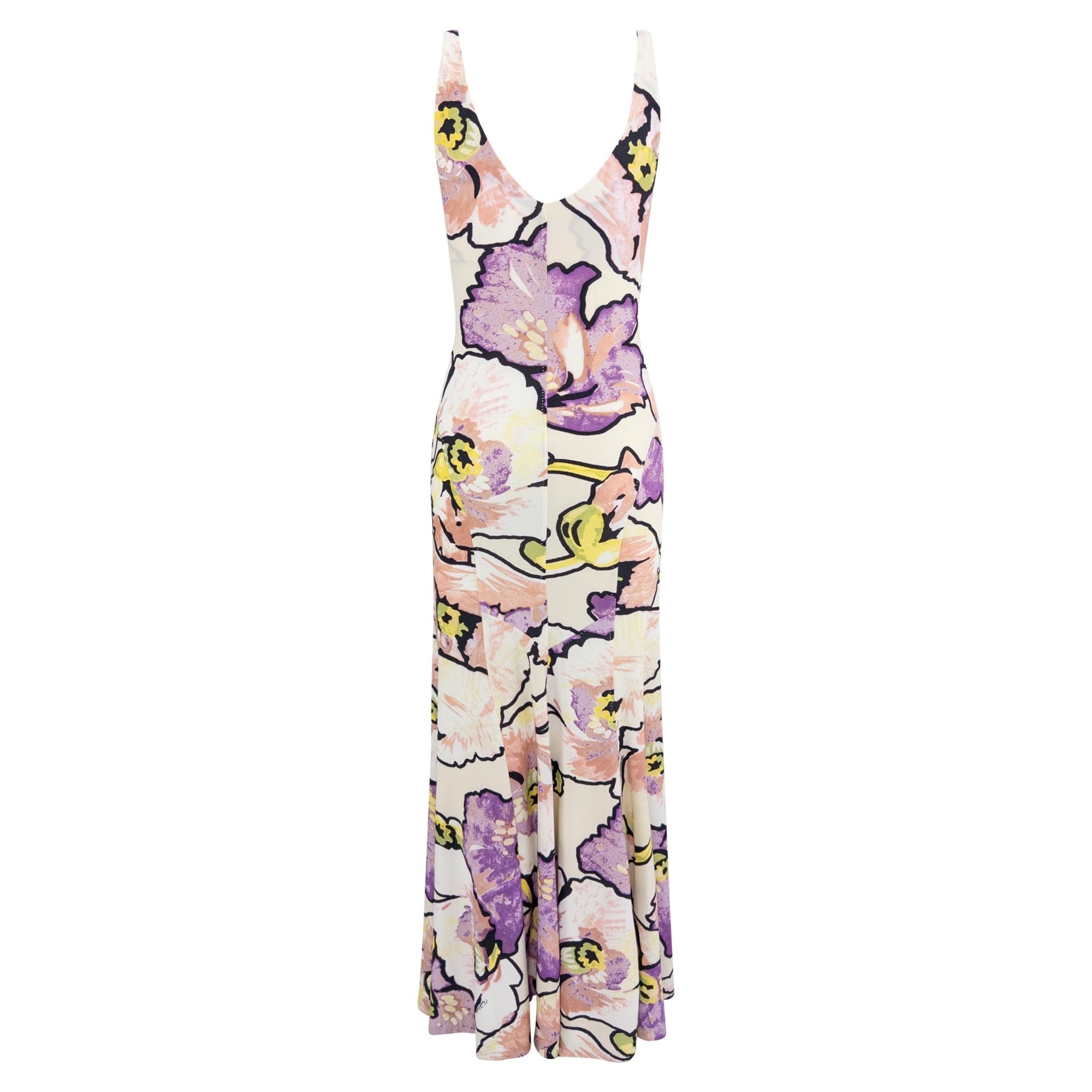 2005 Roberto Cavalli White Stretch Purple Floral Serpent Maxi Dress - RealList