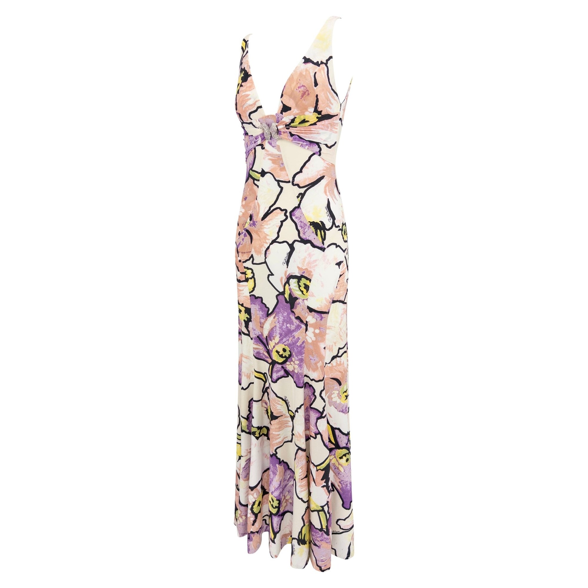 2005 Roberto Cavalli White Stretch Purple Floral Serpent Maxi Dress - RealList