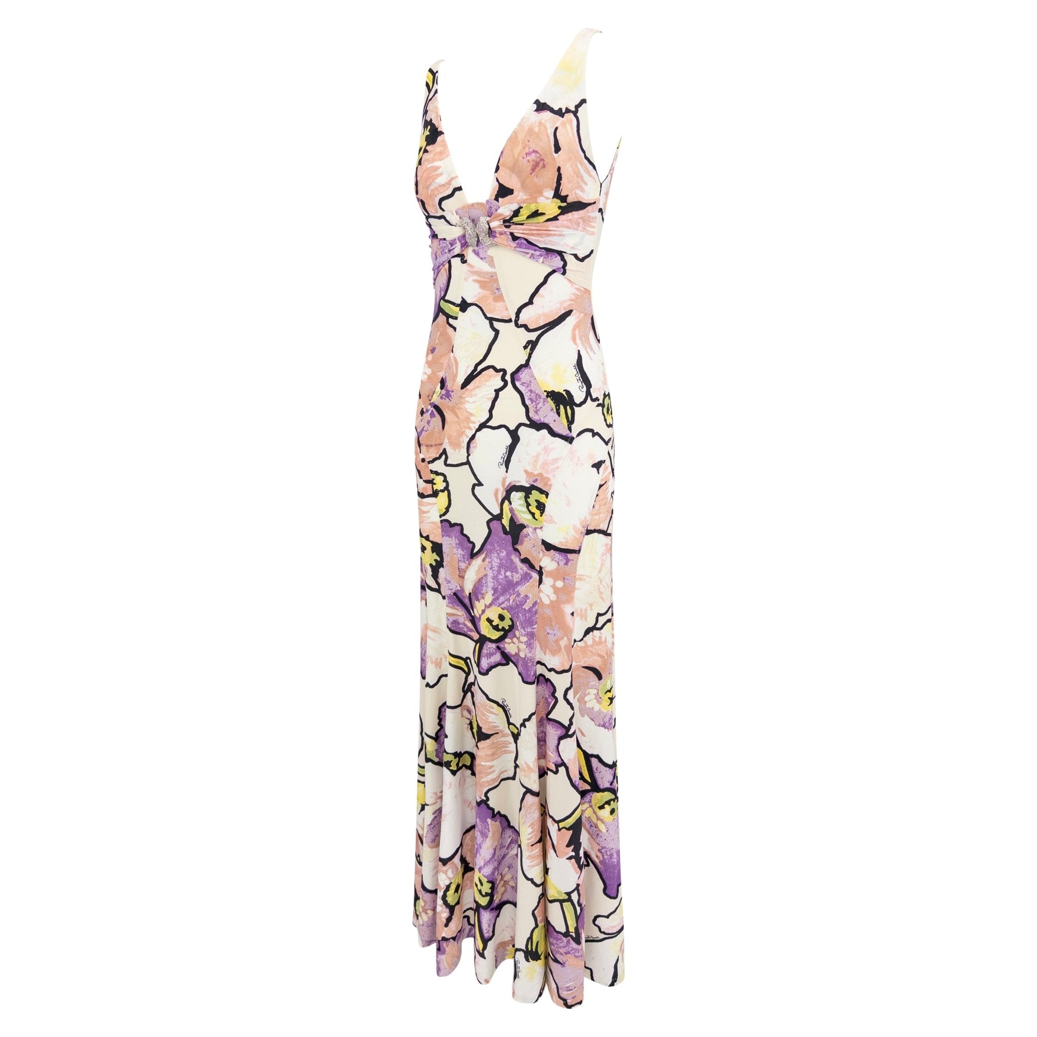 2005 Roberto Cavalli White Stretch Purple Floral Serpent Maxi Dress - RealList