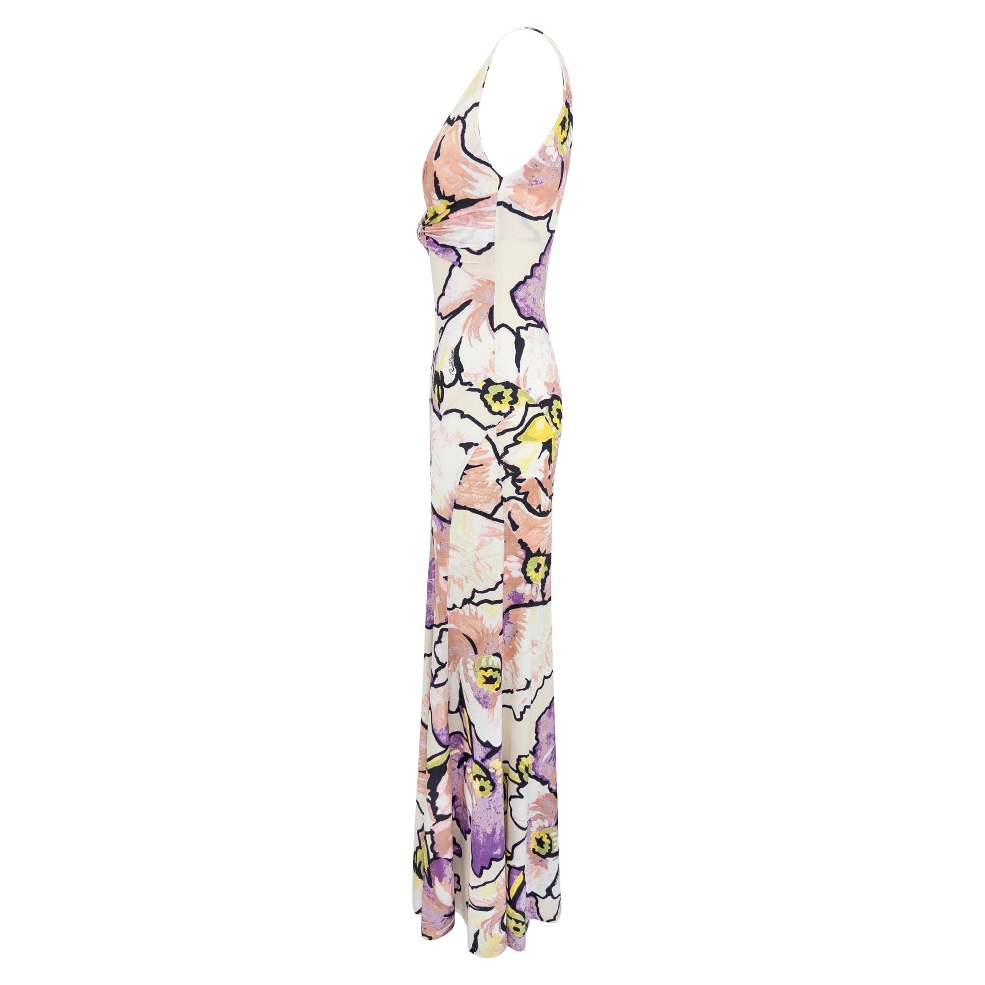 2005 Roberto Cavalli White Stretch Purple Floral Serpent Maxi Dress - RealList