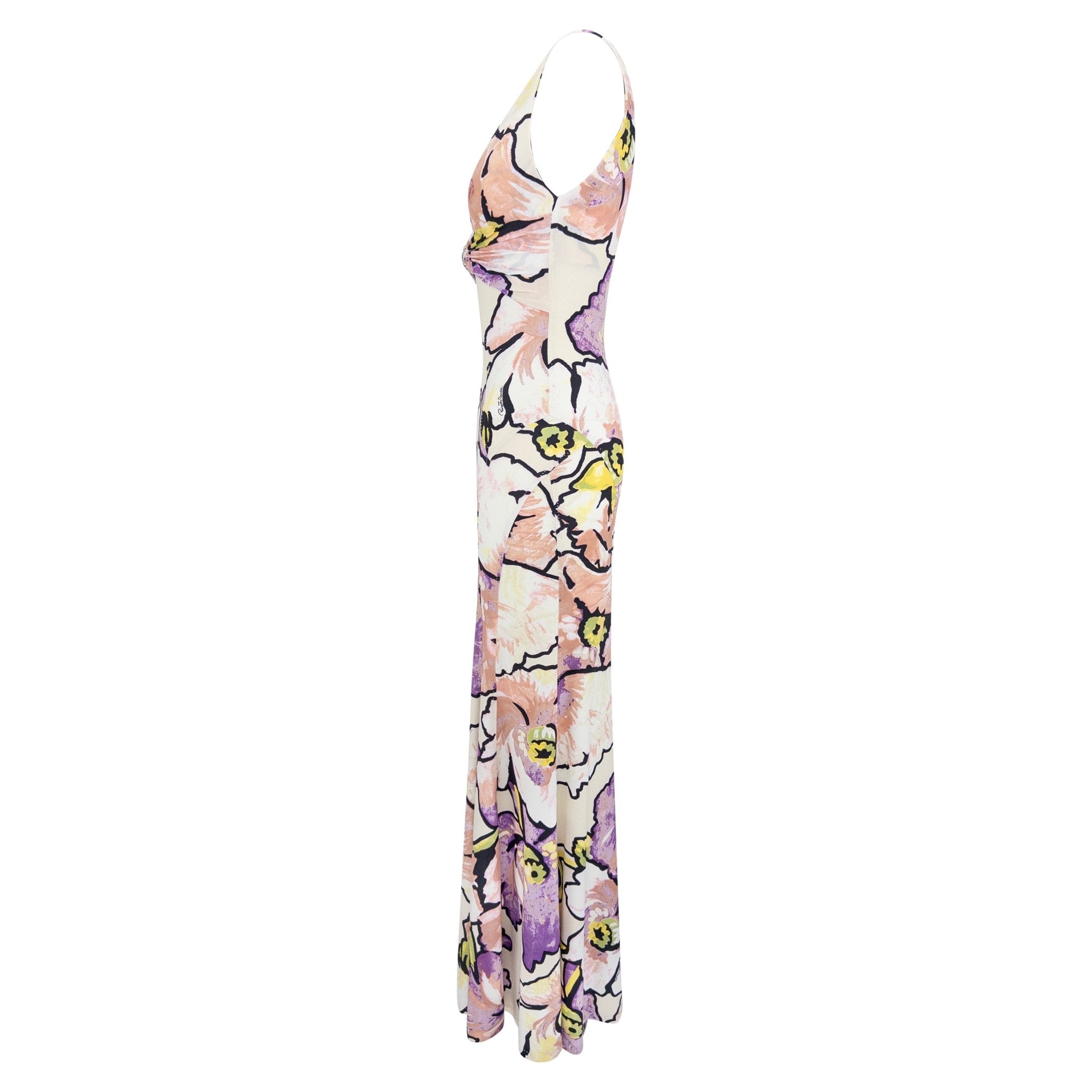 2005 Roberto Cavalli White Stretch Purple Floral Serpent Maxi Dress - RealList