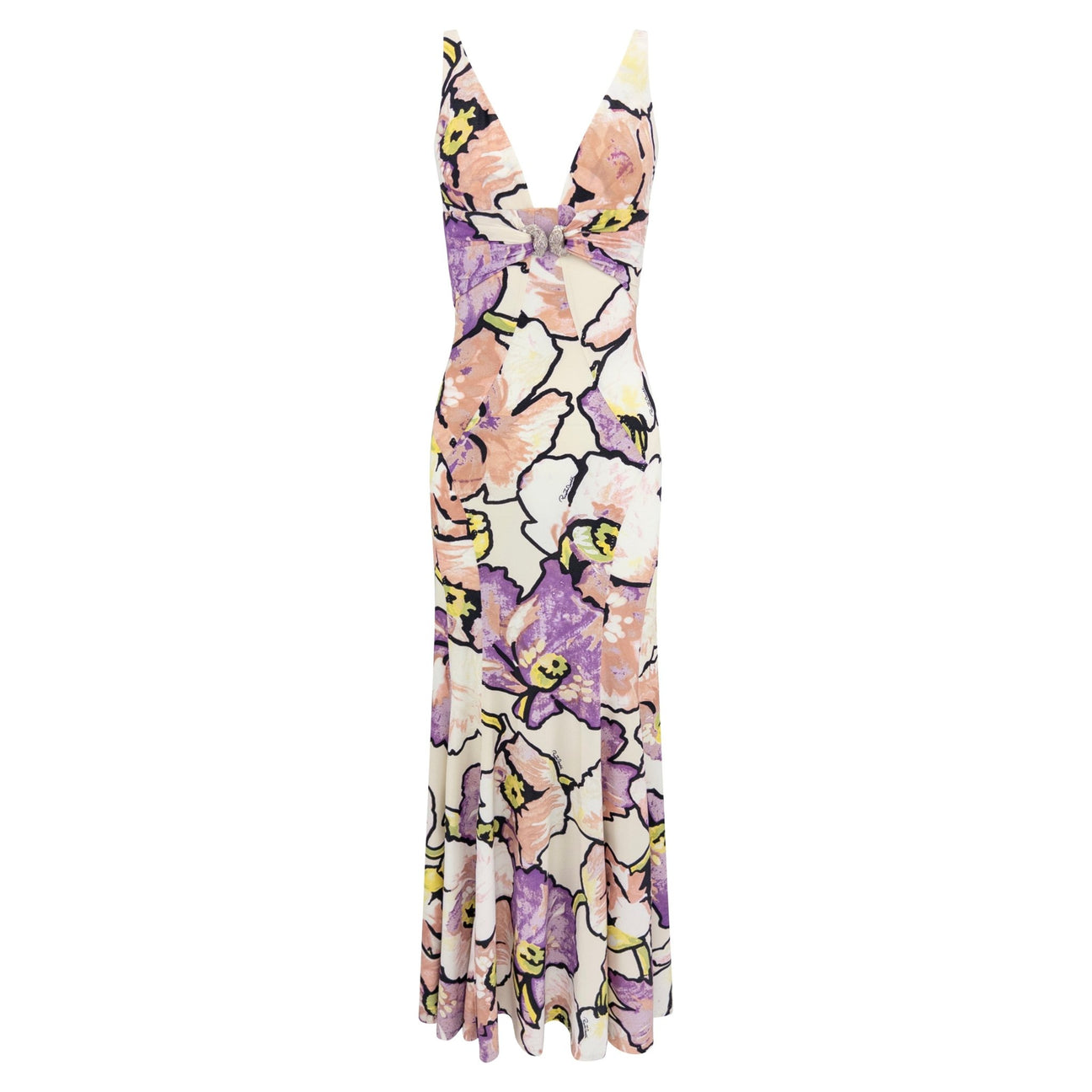 2005 Roberto Cavalli White Stretch Purple Floral Serpent Maxi Dress - RealList