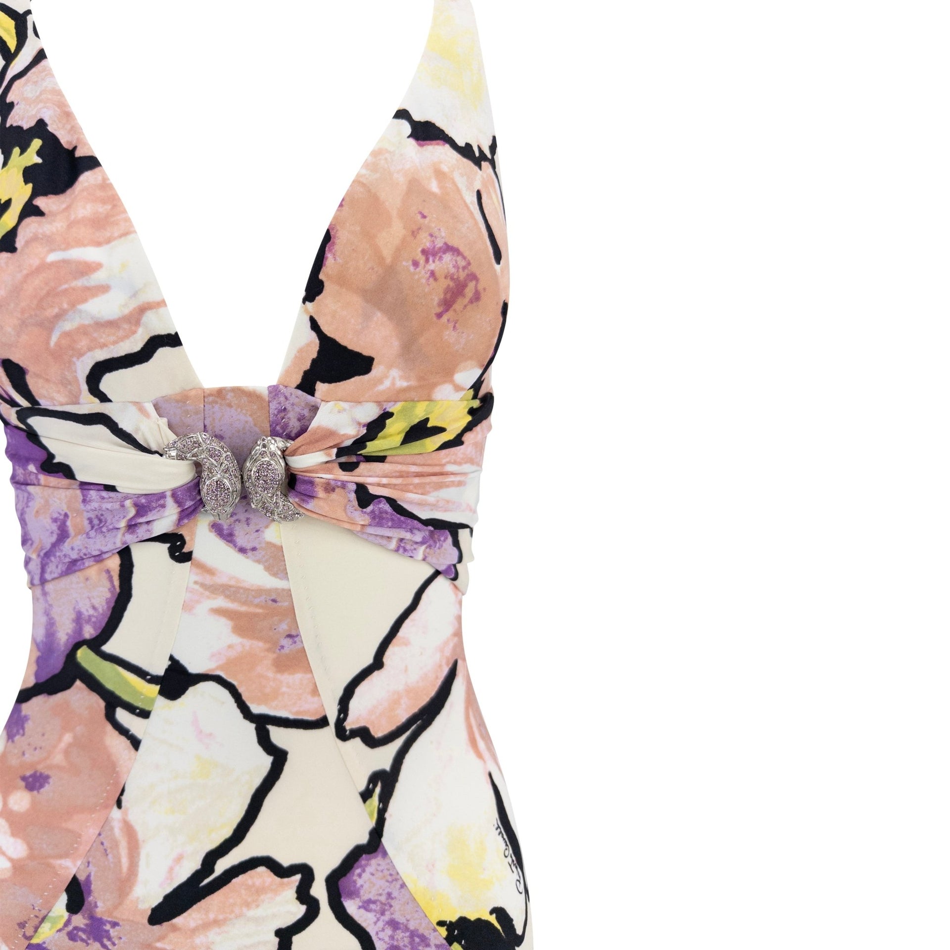 2005 Roberto Cavalli White Stretch Purple Floral Serpent Maxi Dress - RealList