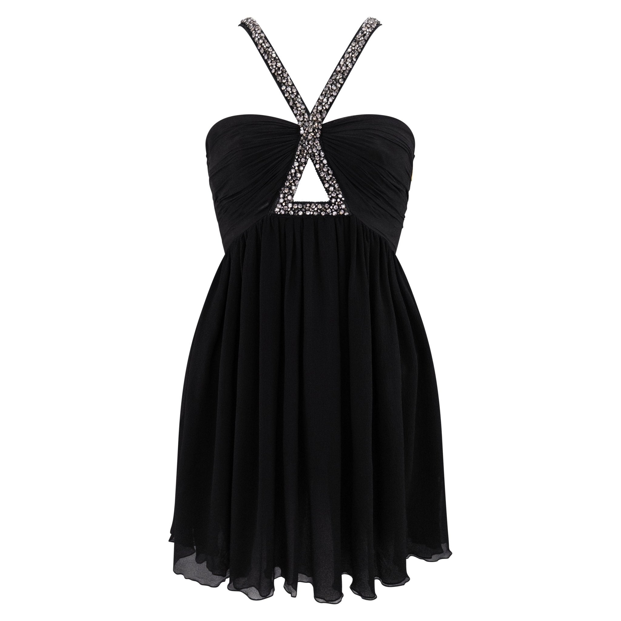 2007 Roberto Cavalli Black Silk Chiffon Rhinestone Cutout Flared Mini Dress - RealList