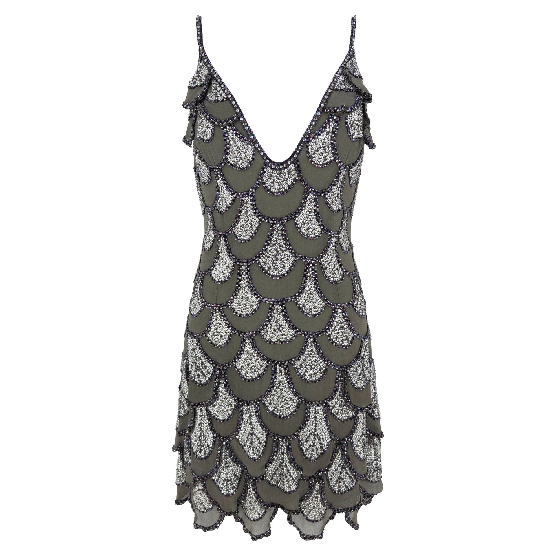 2008 Roberto Cavalli Grey Scallop Beaded Backless Mini Dress - RealList