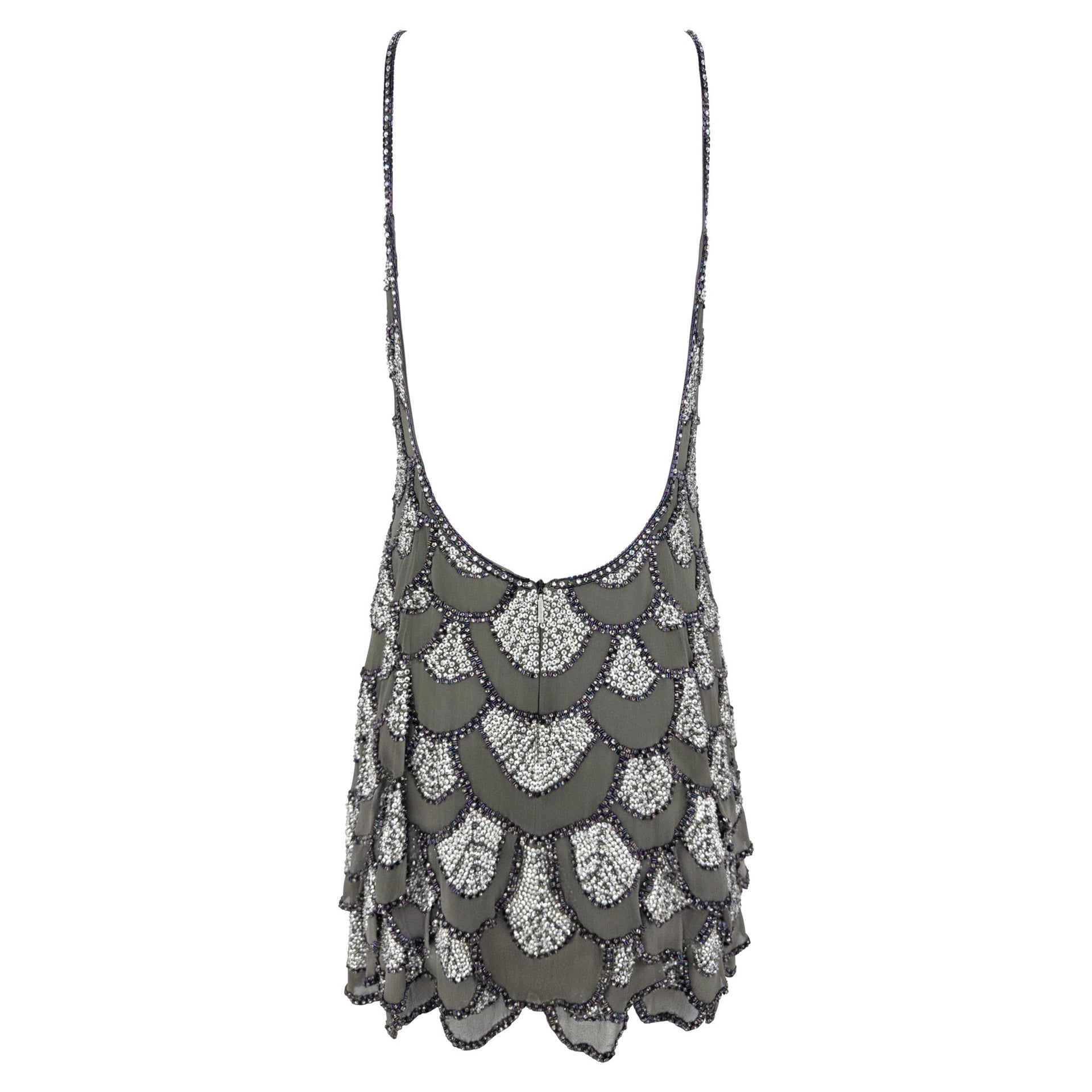 2008 Roberto Cavalli Grey Scallop Beaded Backless Mini Dress - RealList