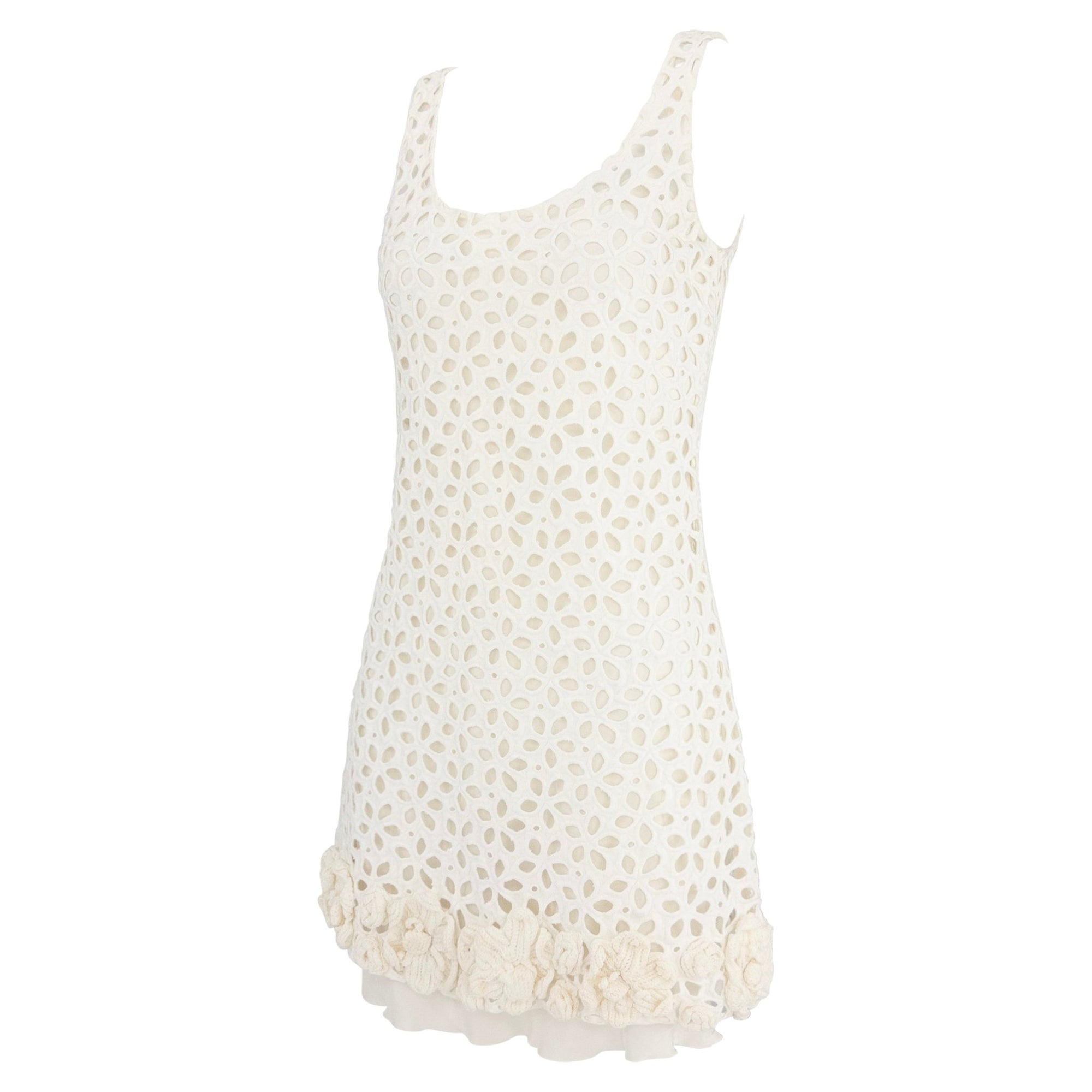 2010 Prada White Broderie Anglaise 3 - D Crochet Floral Mini Dress Set - RealList