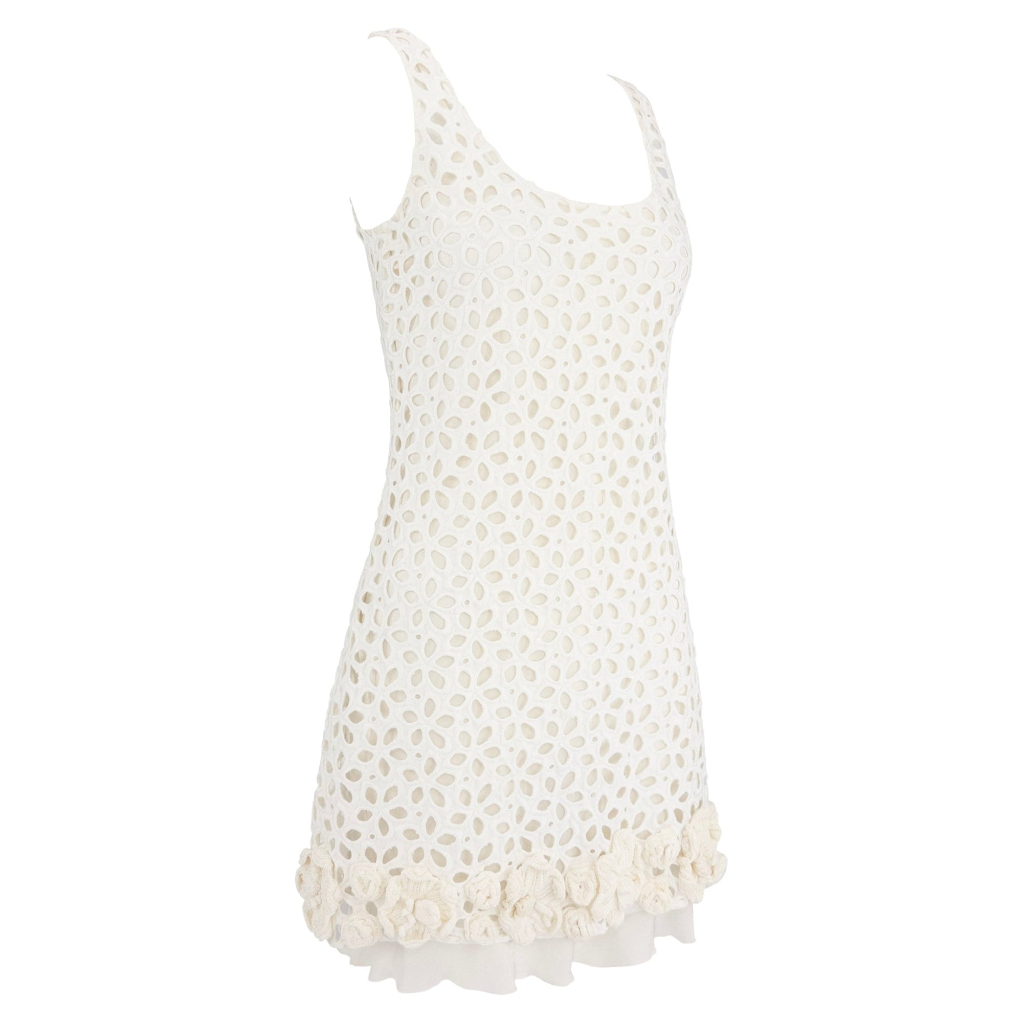 2010 Prada White Broderie Anglaise 3 - D Crochet Floral Mini Dress Set - RealList
