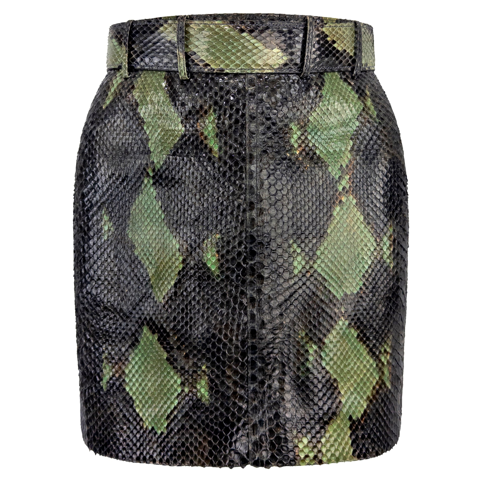 S/S 1991 Azzedine Alaïa Runway Genuine Python Leather Green Belted Mini Skirt