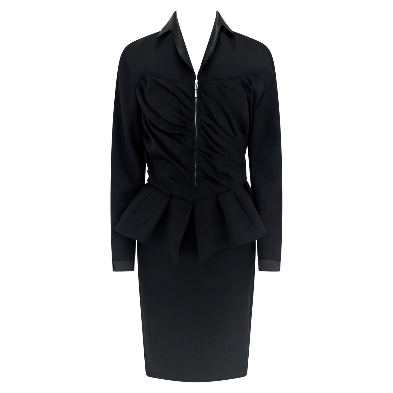 F/W 1992 Thierry Mugler Runway Faux Wrap Cinched Black Skirt Suit