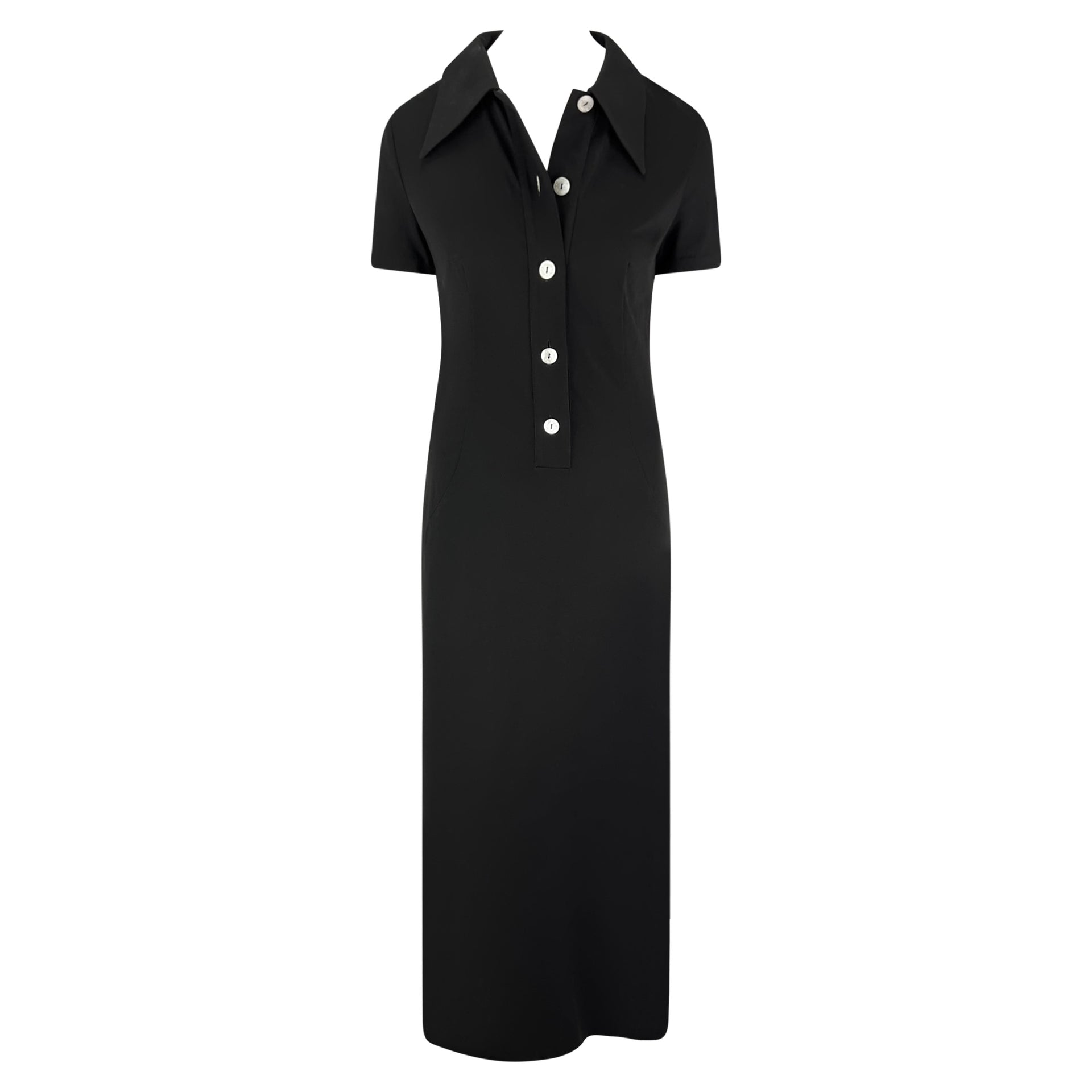 S/S 1996 Dolce & Gabbana Runway Black Collared Plunge Button Maxi Dress
