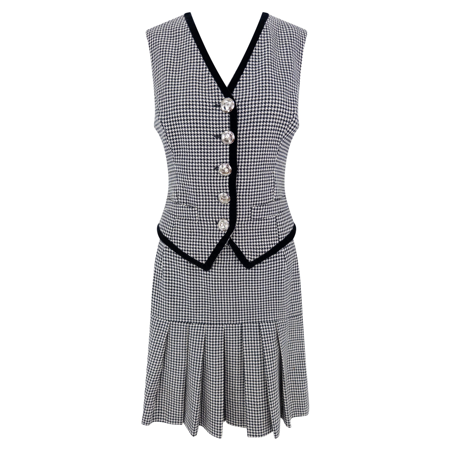 1990s Dolce & Gabbana Black White Houndstooth Pleated Skirt Vest Set