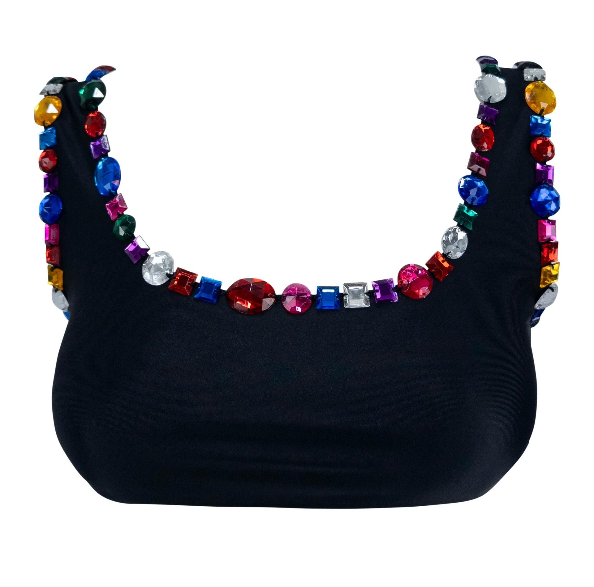 1990s Dolce & Gabbana Rhinestone Multicolor Jeweled Black Swim Skirt Set