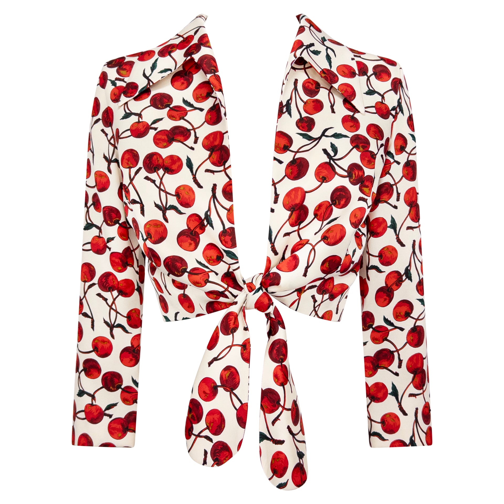 NWT F/W 1996 Dolce & Gabbana White Satin Cherry Print Tie Front Cropped Jacket