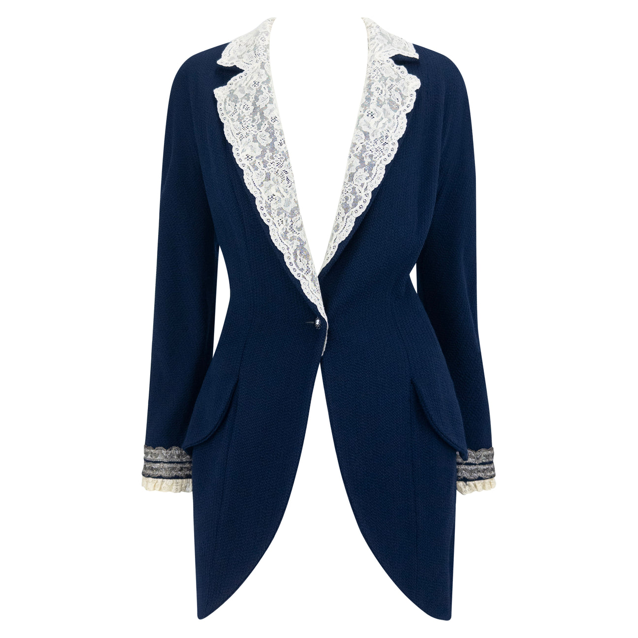 S/S 1998 Christian Dior by John Galliano Runway Lace Trim Navy Tweed Long Jacket