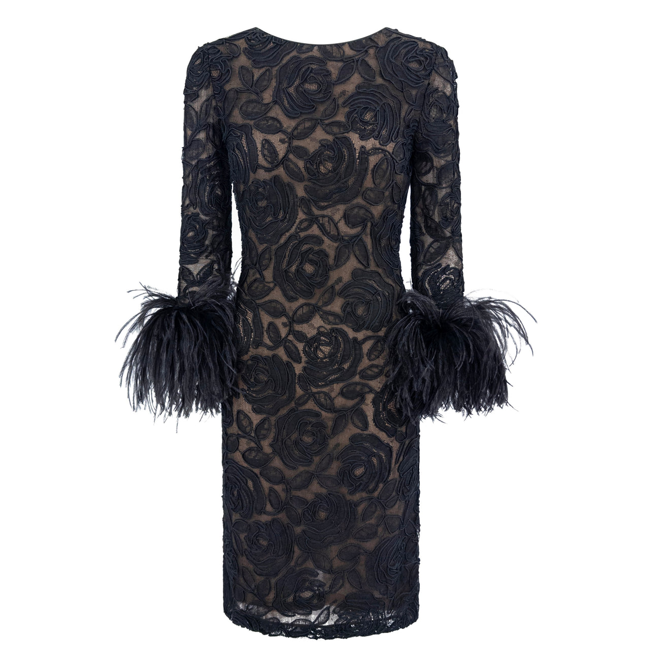 1990s Oscar de la Renta Black Lace Marabou Ostrich Feather Cuff Dress