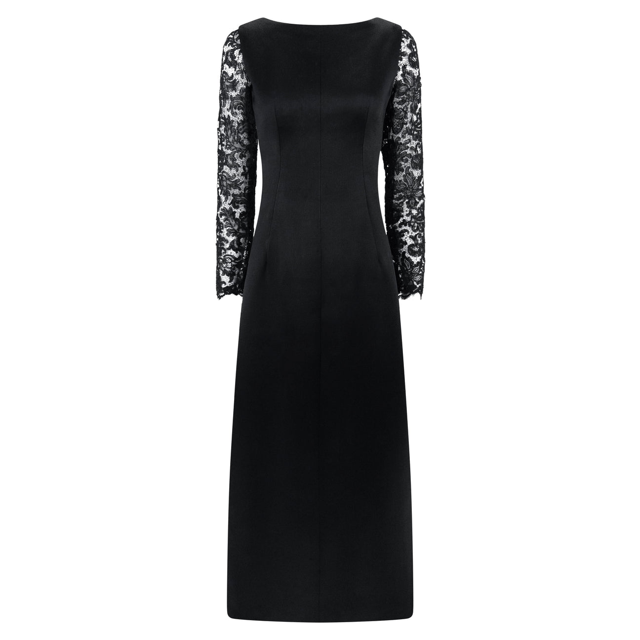 1960s Givenchy Haute Couture Black Satin Lace Sleeve A-Line Gown