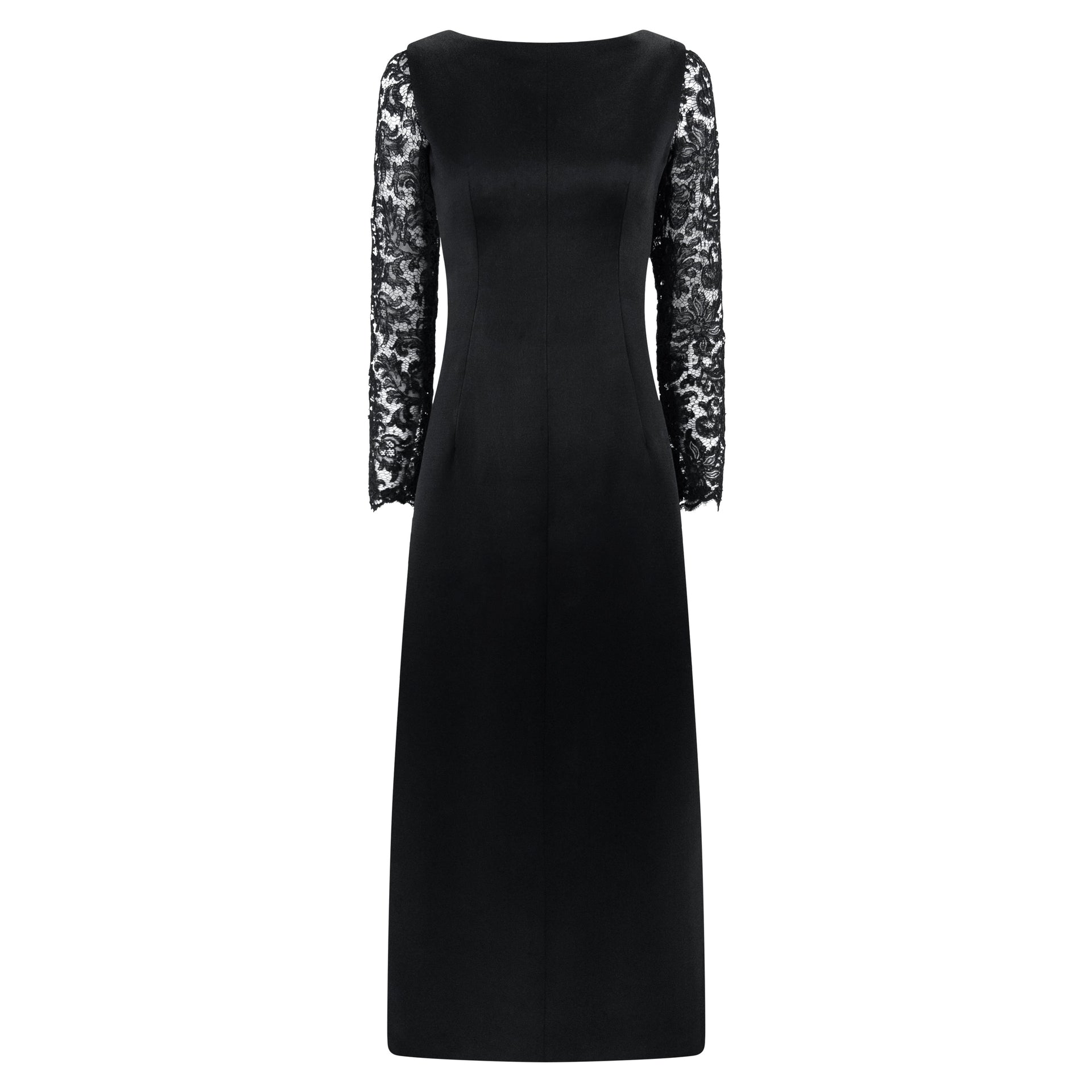 1960s Givenchy Haute Couture Black Satin Lace Sleeve A-Line Gown