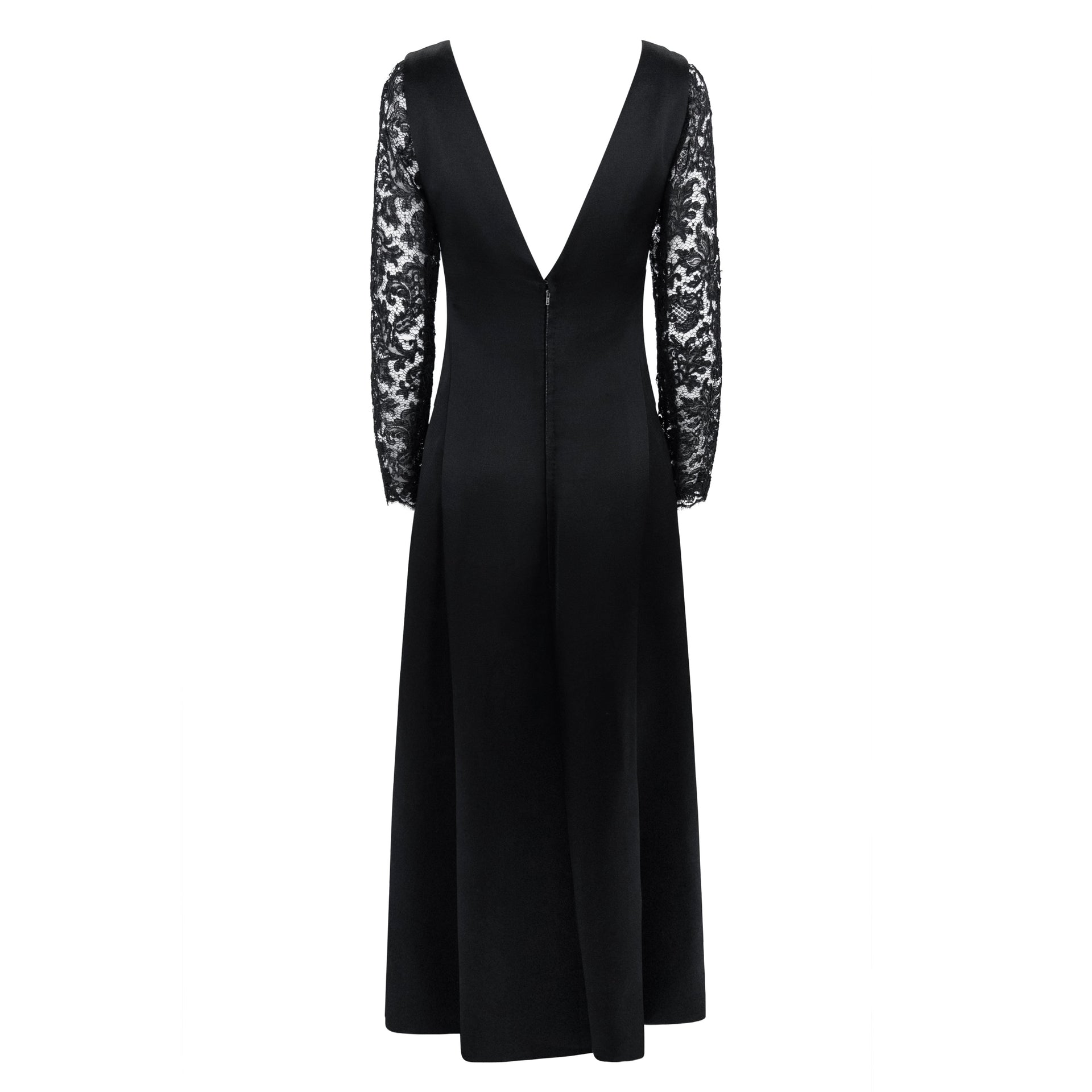 1960s Givenchy Haute Couture Black Satin Lace Sleeve A-Line Gown