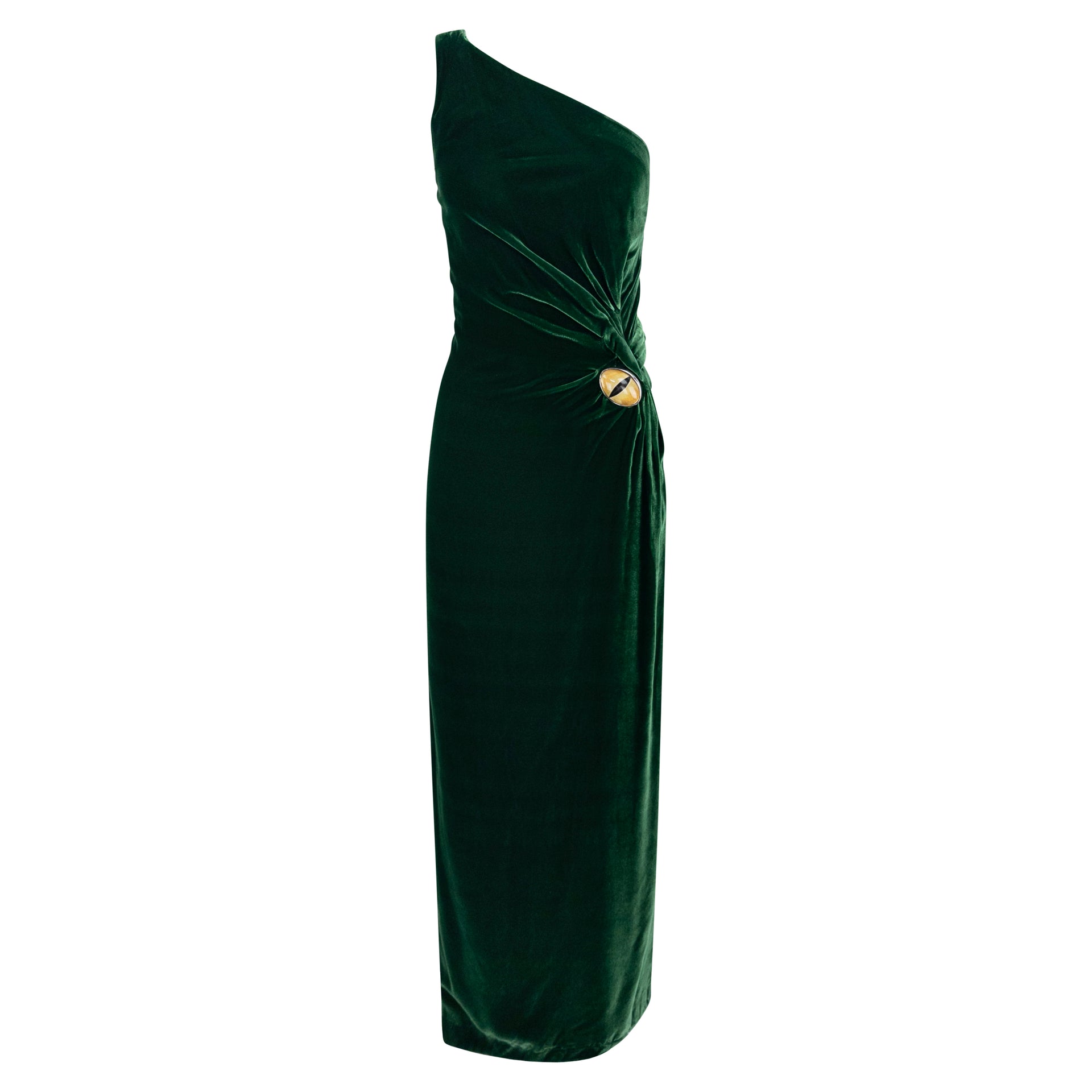 F/W 2000 Thierry Mugler Runway Surrealist Cat Eye Brooch Green Velvet Evening Gown