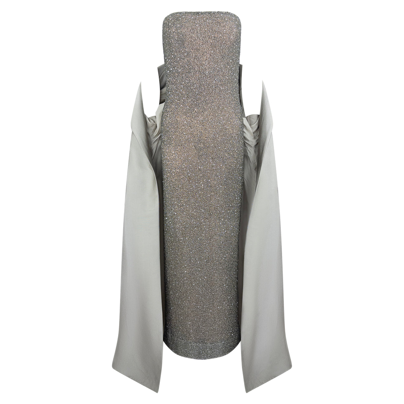 F/W 1997 Halston Runway Silver Heavily Beaded Strap Gown Opera Coat Set