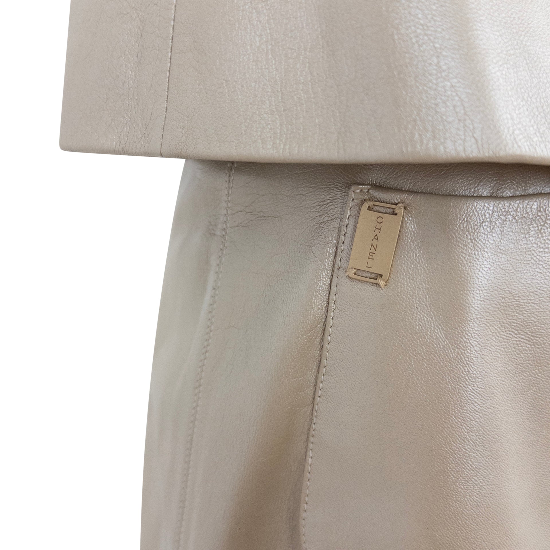 S/S 1999 Chanel by Karl Lagerfeld Shimery Metallic Beige Leather Tank Top Pocket Skirt Set