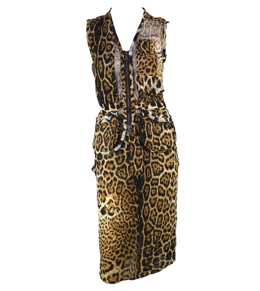 S/S 2002 Yves Saint Laurent by Tom Ford Runway Sheer Jaguar Print Silk Skirt Set