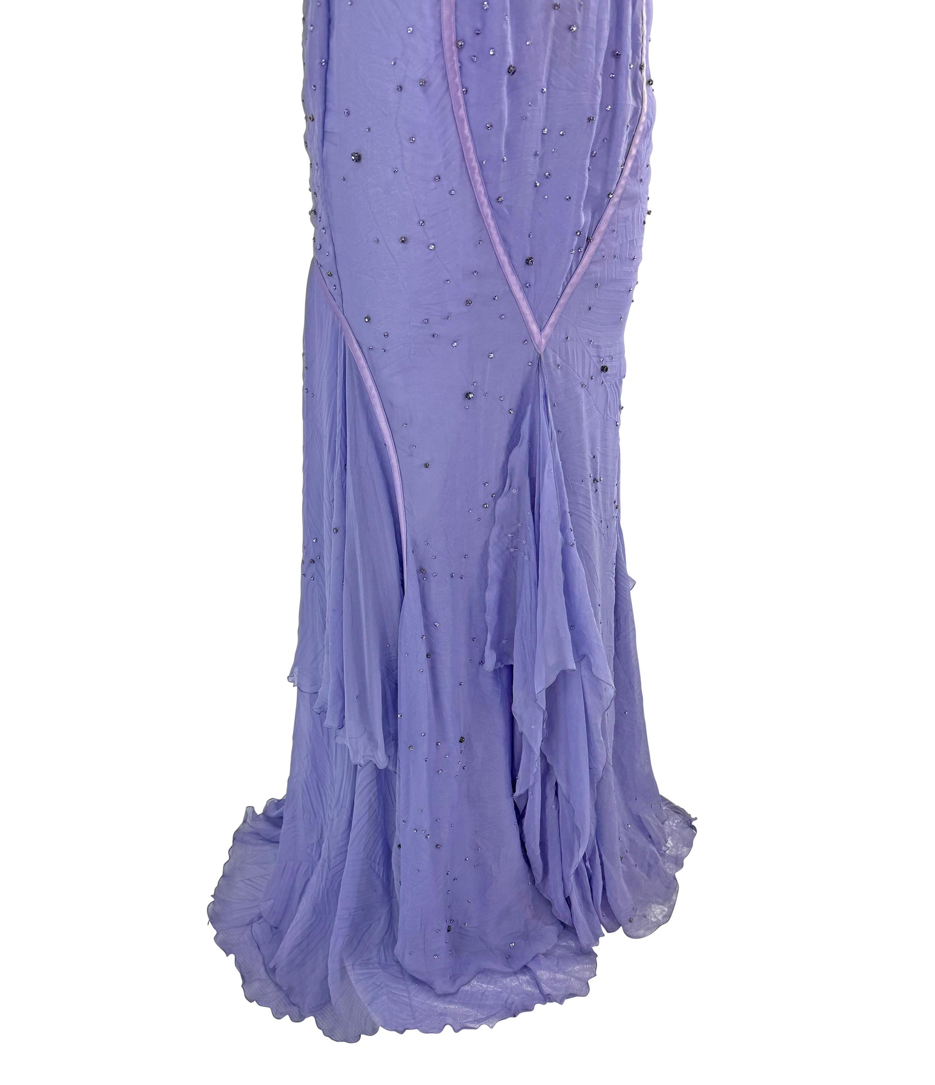 NWT 2005 Versace by Donatella Rhinestone Medusa Backless Lavender Chiffon Gown