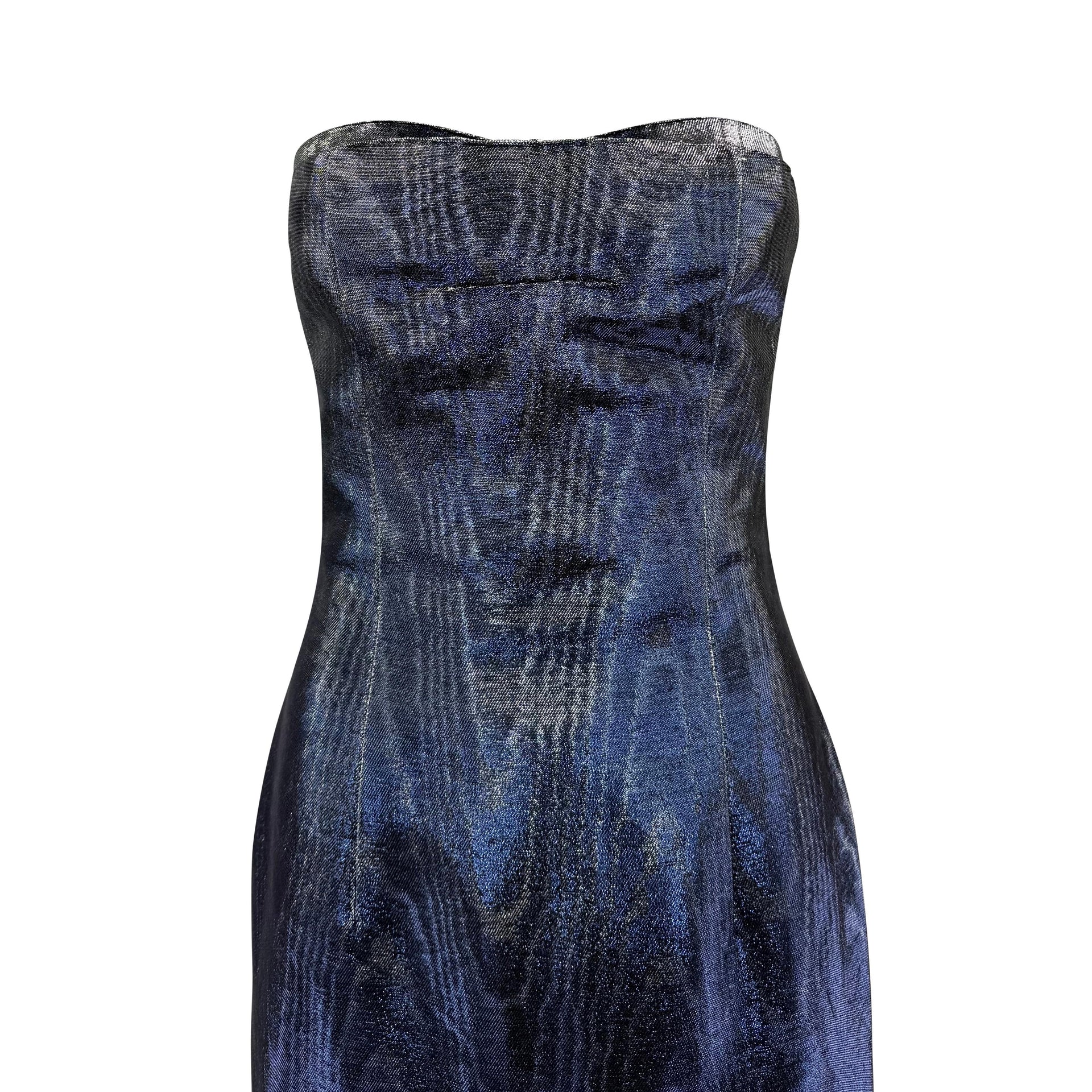 F/W 2001 Chloé by Stella McCartney Blue Silver Metallic Moiré Strapless Dress