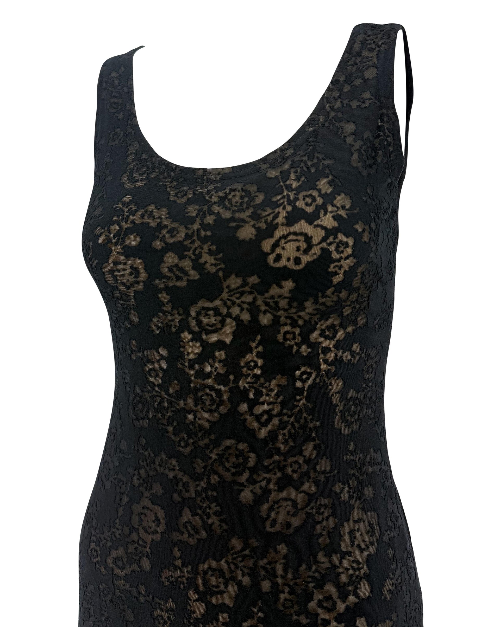 Resort 1990 Donna Karan Prototype Sheer Black Floral Devoré Bodycon Dress