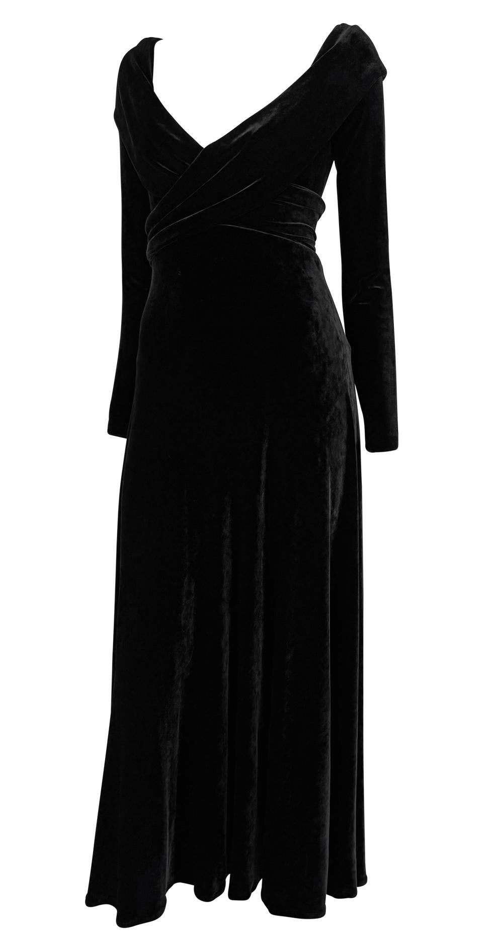 1990s Donna Karan Black Velvet Bodycon Stretch Plunging Evening Gown