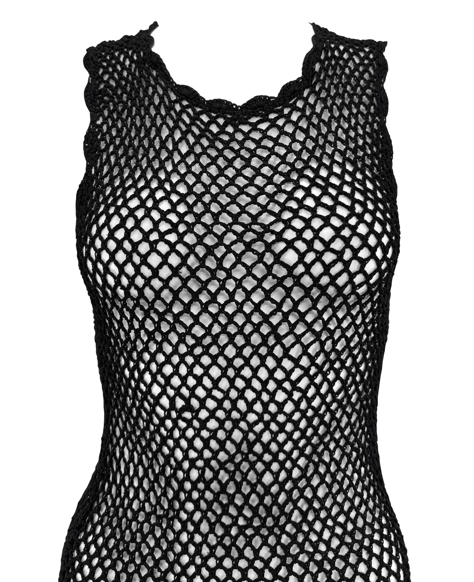 Late 1990s Dolce & Gabbana Black Crochet Knit Sheer Mini Dress