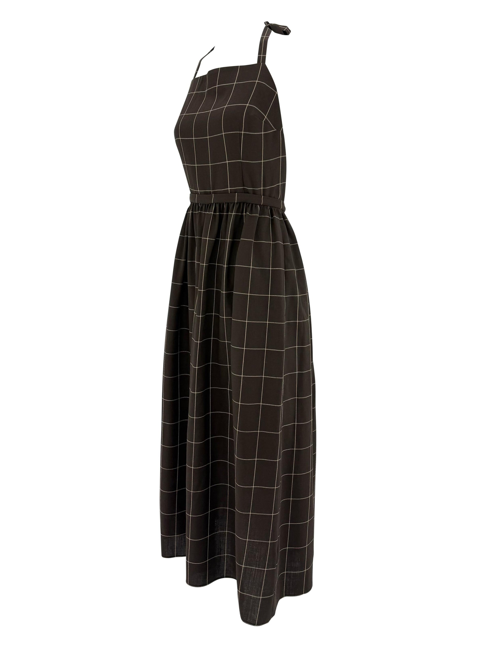 1990s Ralph Lauren Brown Wool Window Pane Backless Wrap Apron-Style Maxi Dress