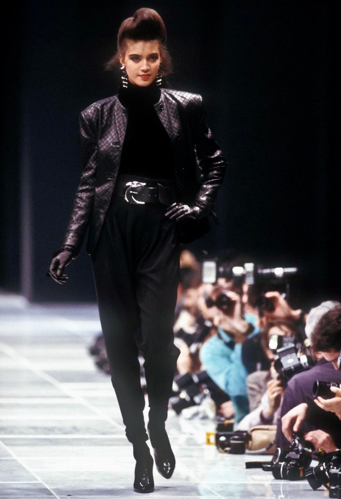 F/W 1986 Gianni Versace Runway Black Leather Embroidered Floral Skirt Set
