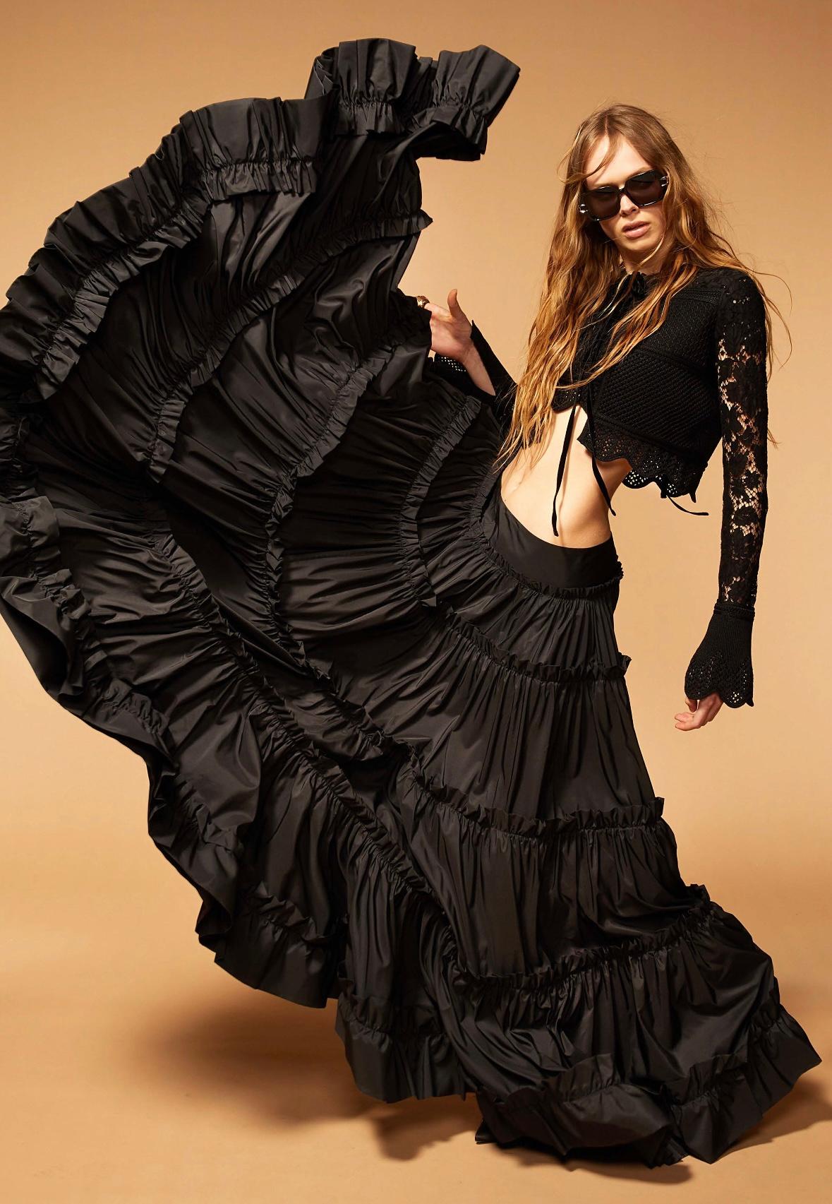 S/S 2005 Roberto Cavalli Brown Ruffle Silk Taffeta Maxi Flare Skirt