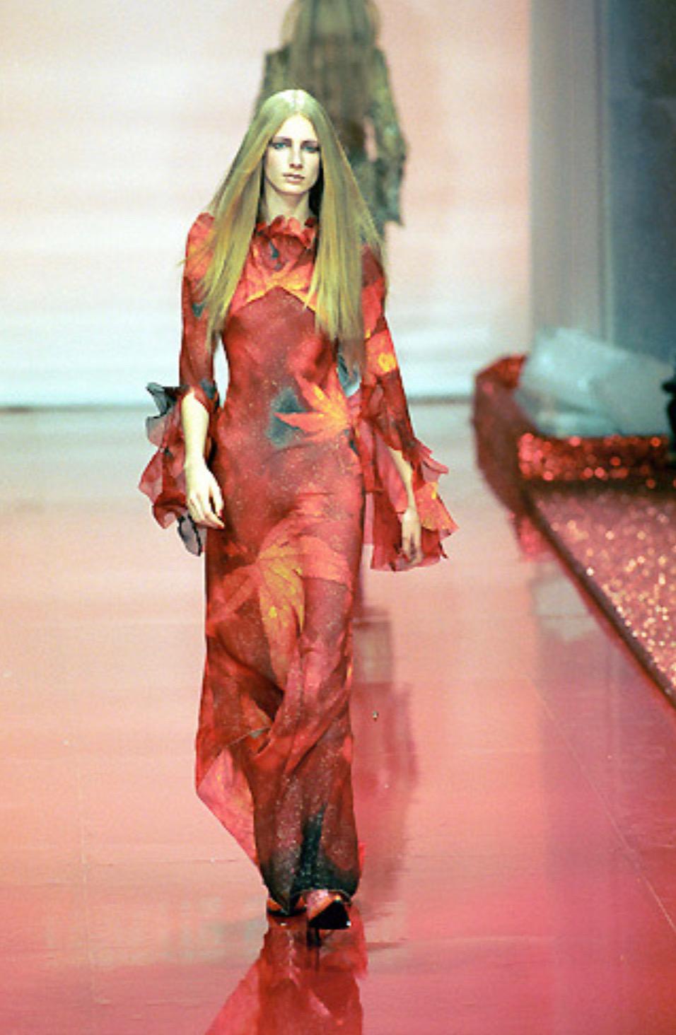 F/W 1999 Roberto Cavalli Red Stretch Velvet Gold Maxi Spaghetti Strap Dress