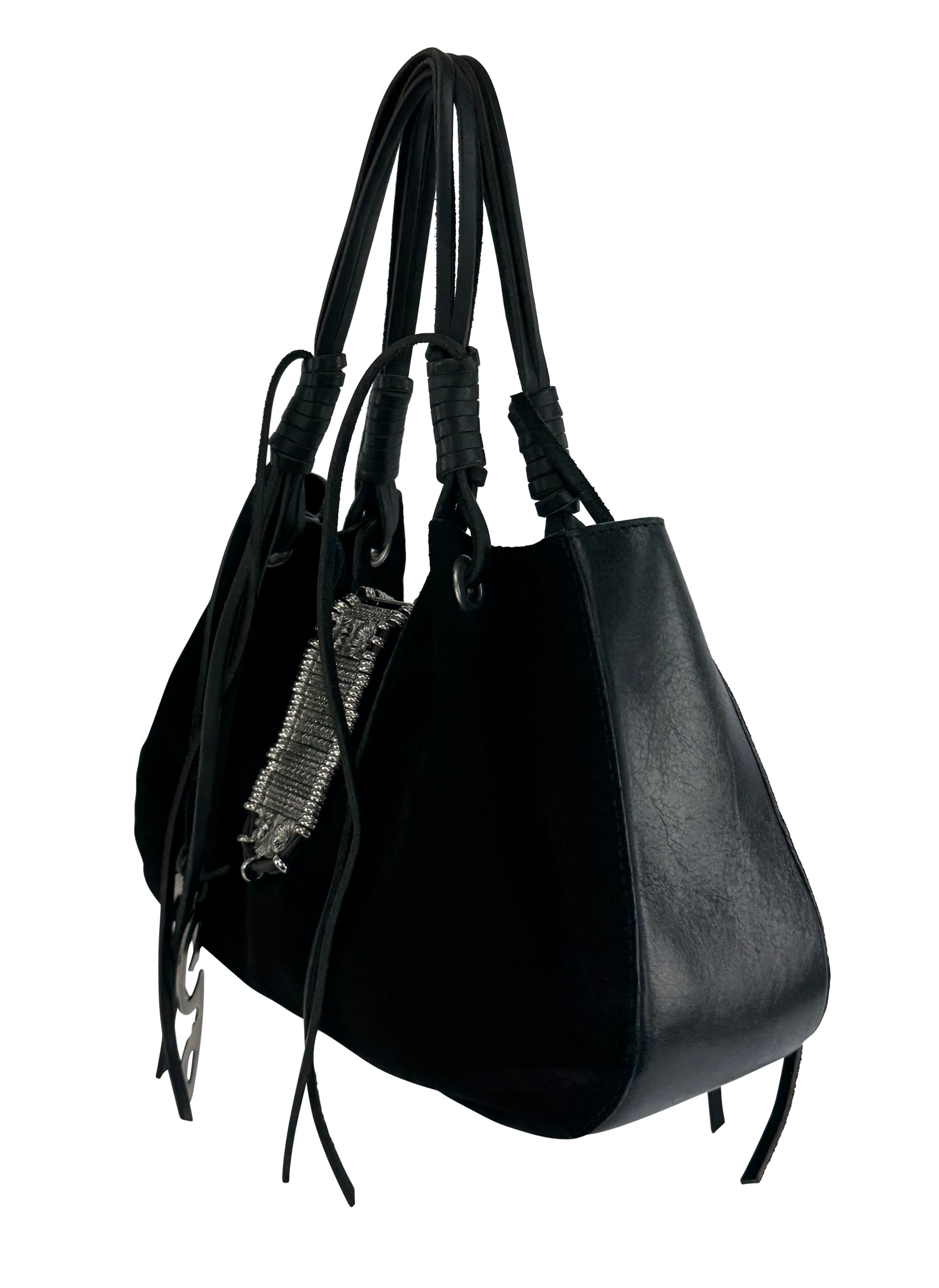 S/S 2003 Dolce & Gabbana Black Suede Western Silver Leather Cord Bag