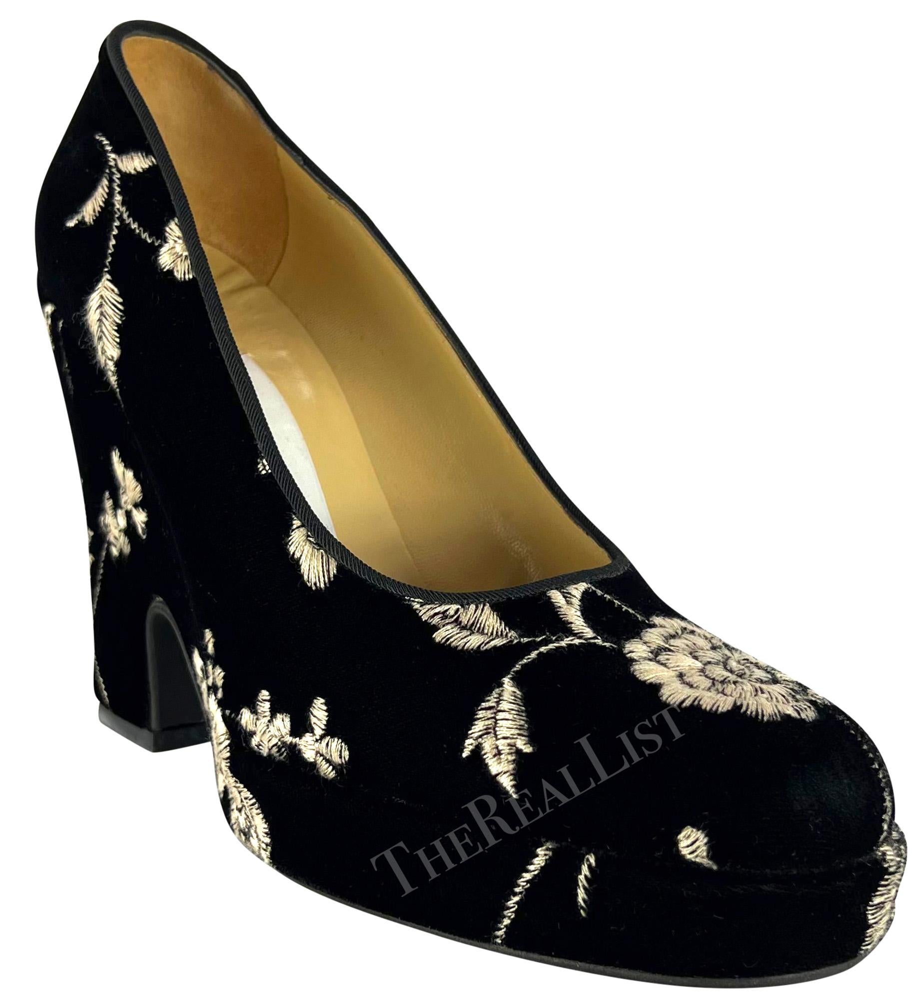 S/S 1997 Dolce & Gabbana Black Velvet Floral Embroidered Chunky Block Heels