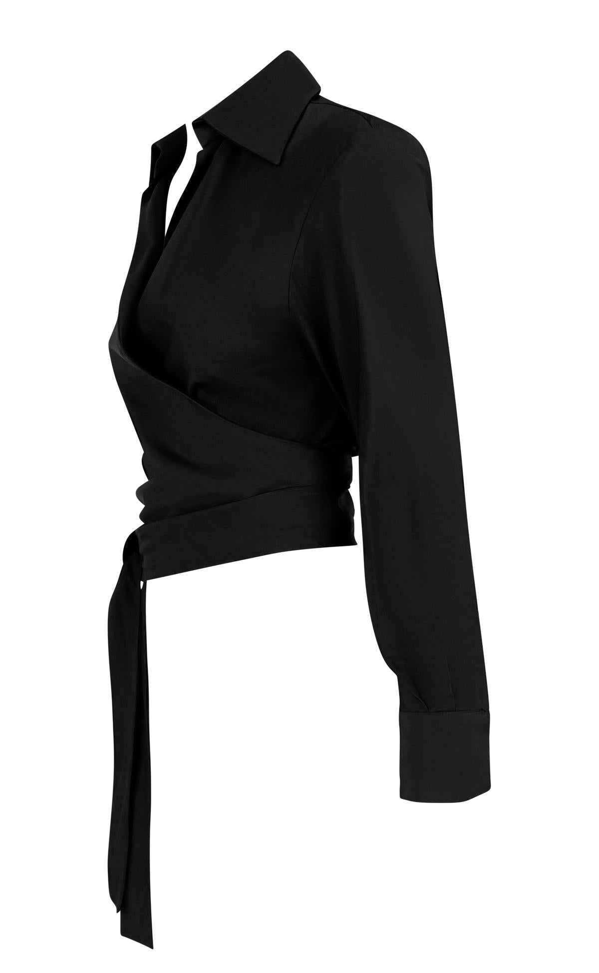 S/S 2001 Gucci by Tom Ford Black Cotton Wrap Style Plunging Collared Crop Top