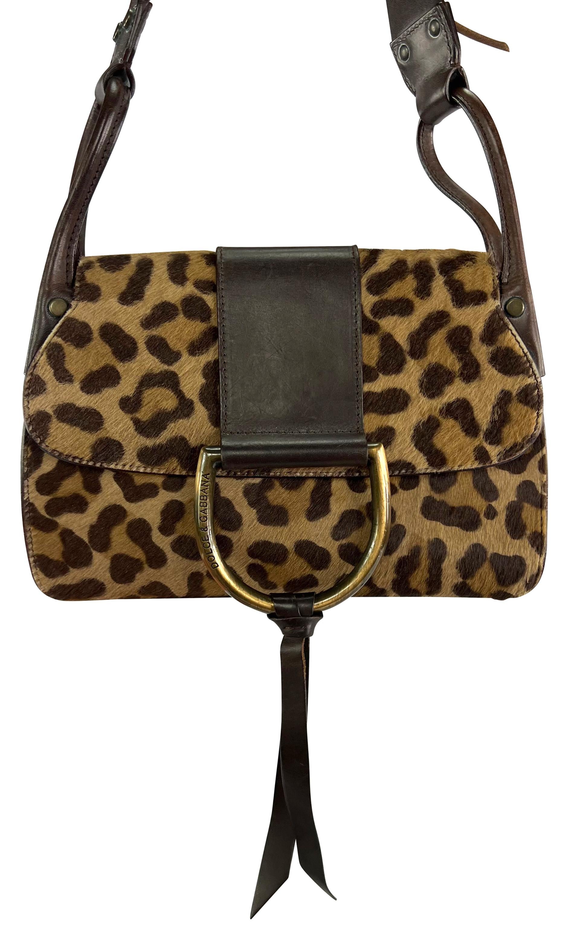 2000s Dolce & Gabbana Leopard Print Ponyhair Distressed Brown Ring Shoulder Bag