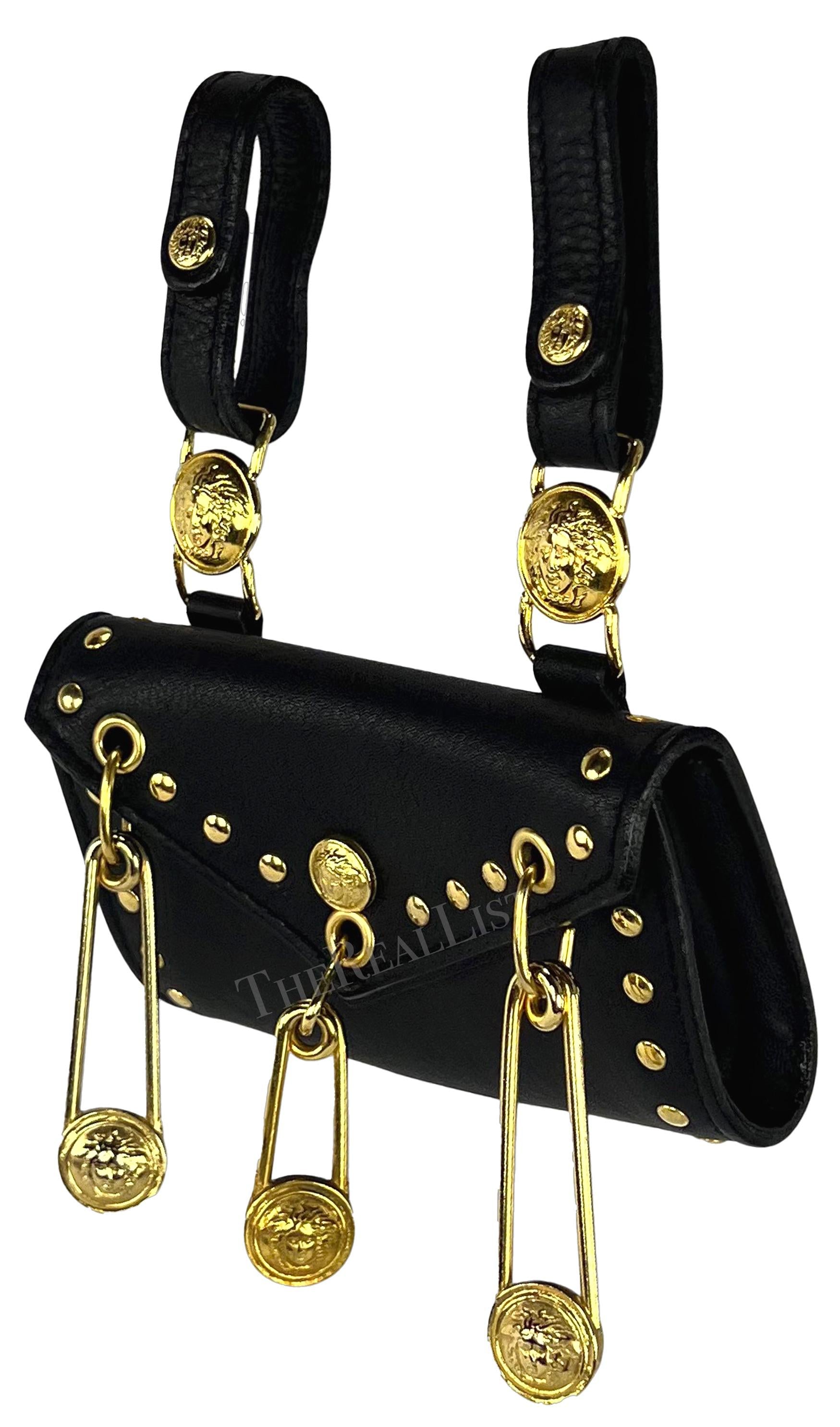 S/S 1994 Gianni Versace Black Leather Gold-Tone Safety Pin Belt Mini Bag Pouch