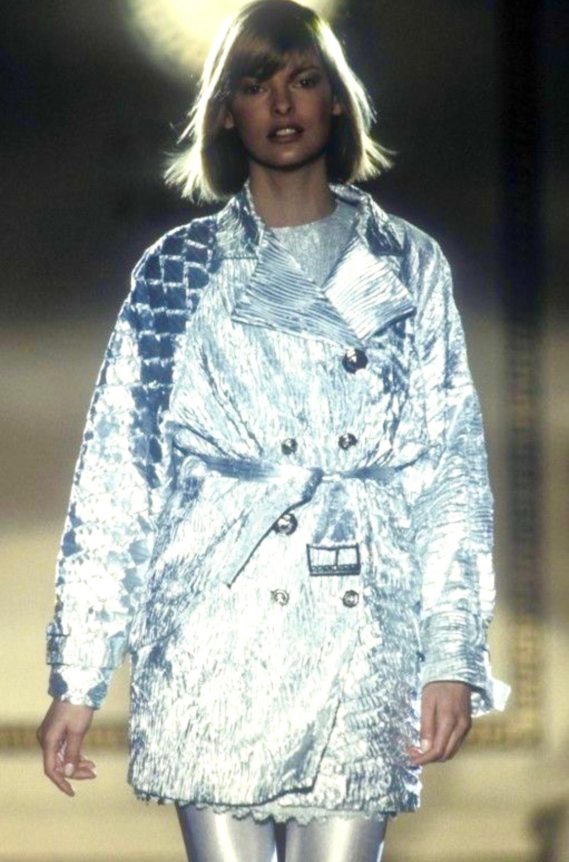NWT S/S 1994 Gianni Versace Baby Blue Metallic Crinkled Lamé Medusa Coat