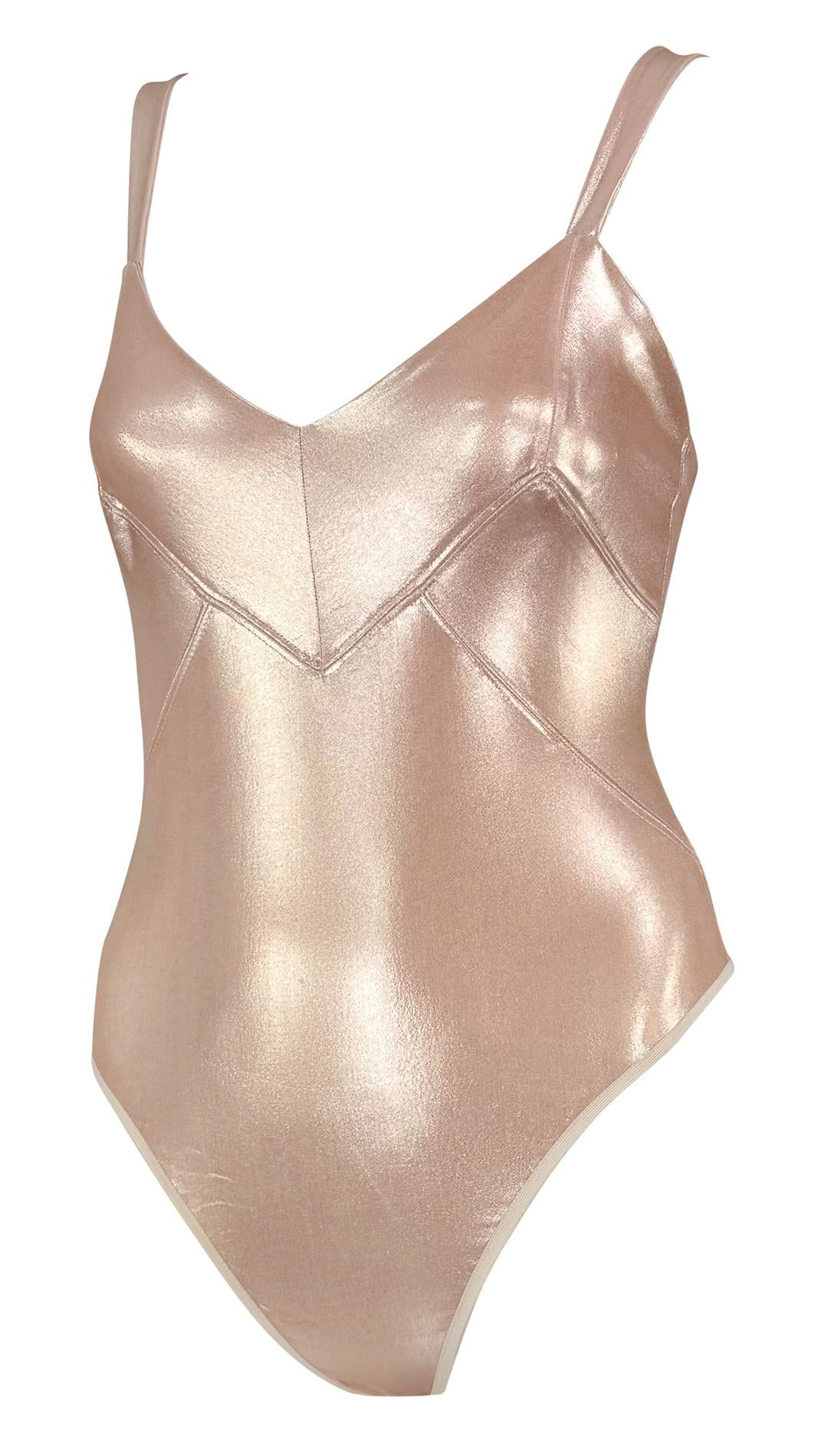 S/S 1995 Donna Karan Shimmery Metallic Blush Pink Bodycon Stretch Bodysuit Top