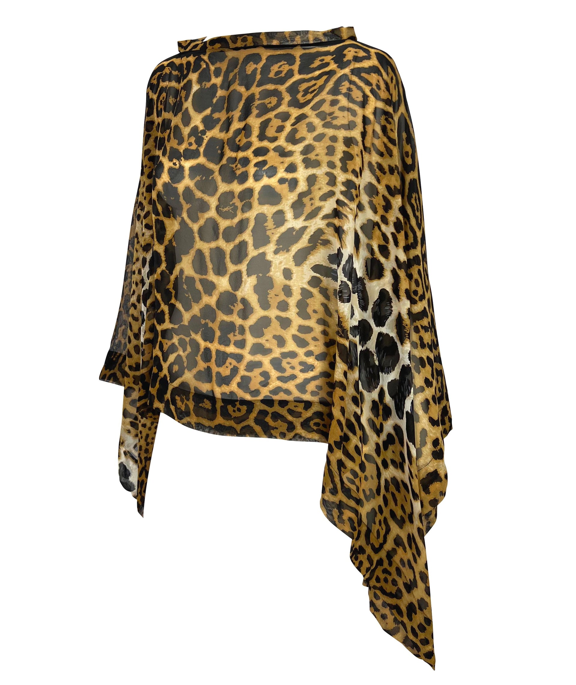 S/S 2002 Yves Saint Laurent by Tom Ford Sheer Jaguar Print Silk Cropped Kaftan Blouse