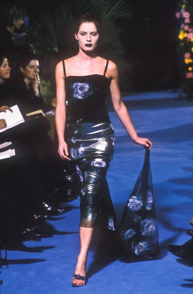 F/W 1998 Dolce & Gabbana Sheer Black Mesh Hand Painted Rose Bustier Gown